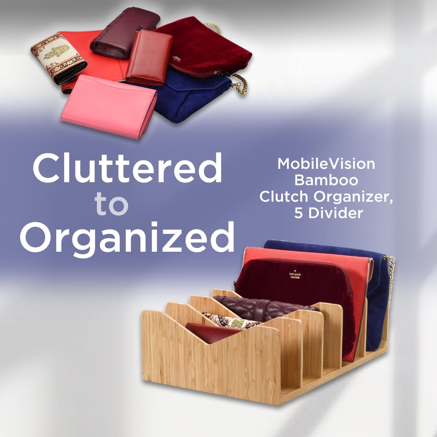 Bamboo Purse & Wallet Organizer for Closet – 5-Divider Handbag Storage Rack