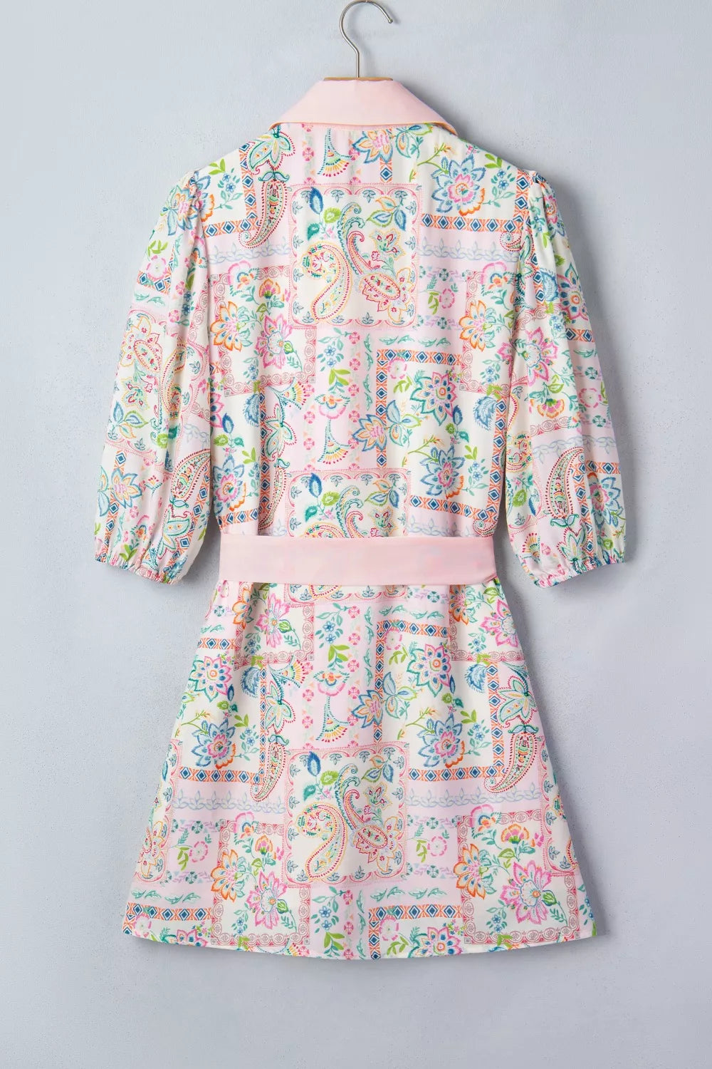 Floral Print Color Block Trim Half Button Belted Mini Dress