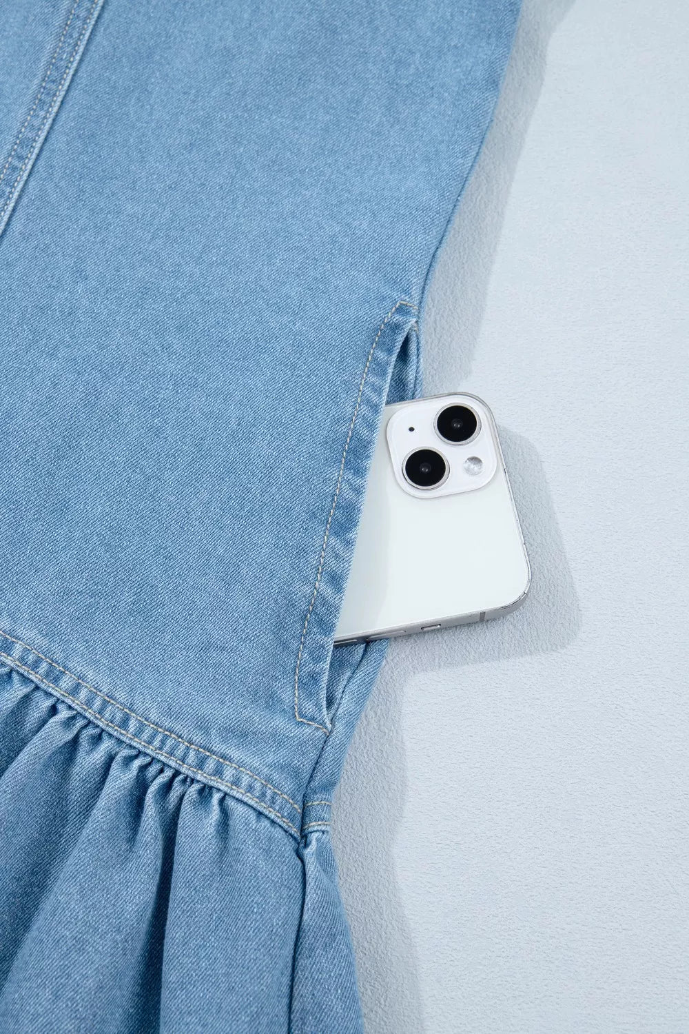 Button Down Short Puff Sleeve Ruffle Hem Denim Dress