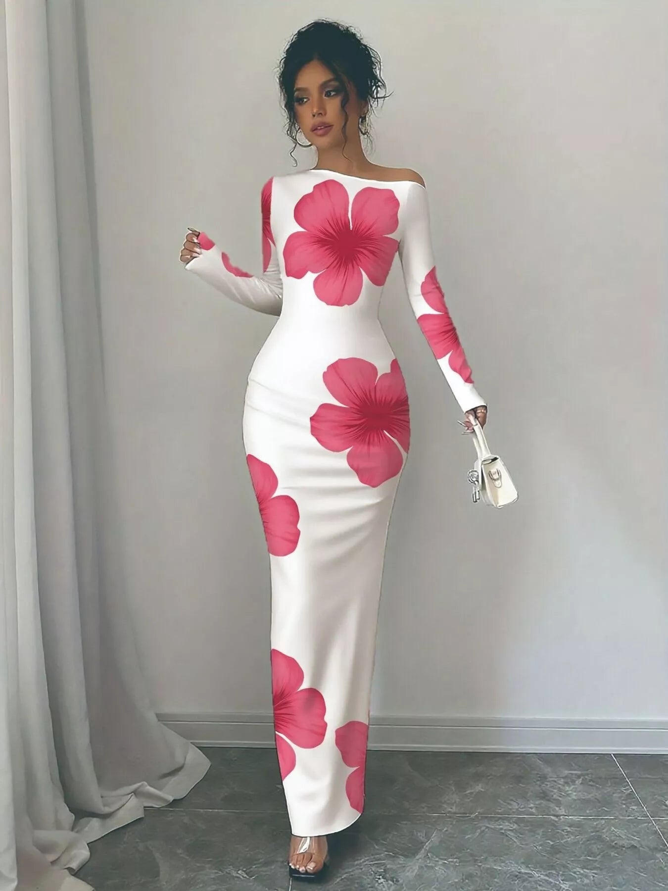 Floral Print One Shoulder Maxi Dress
