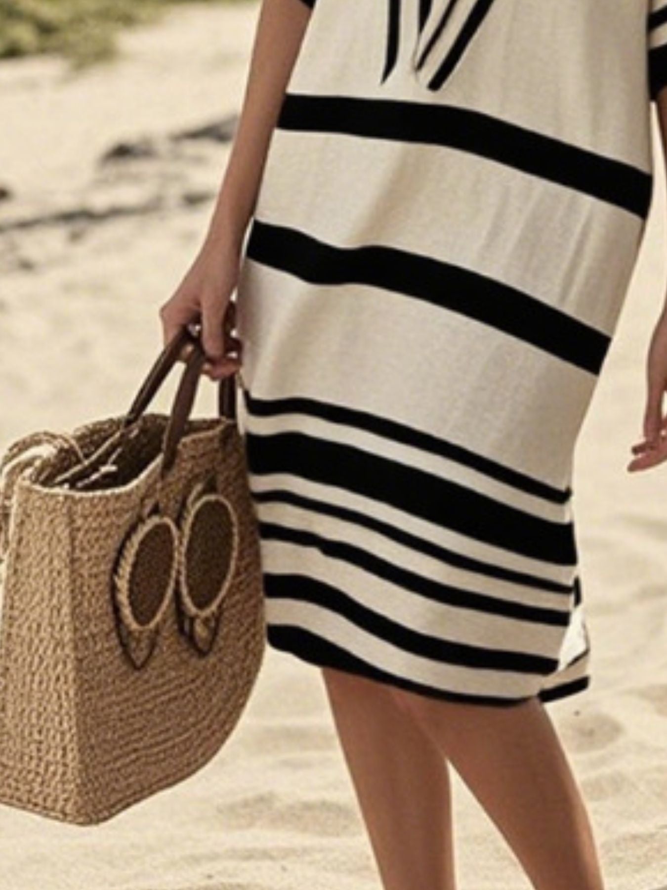 Full Size Striped Half Sleeve Midi Dress Plus Size
