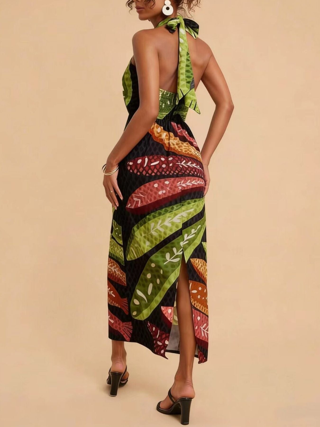 Tropical Print Halter Neck Midi Dress