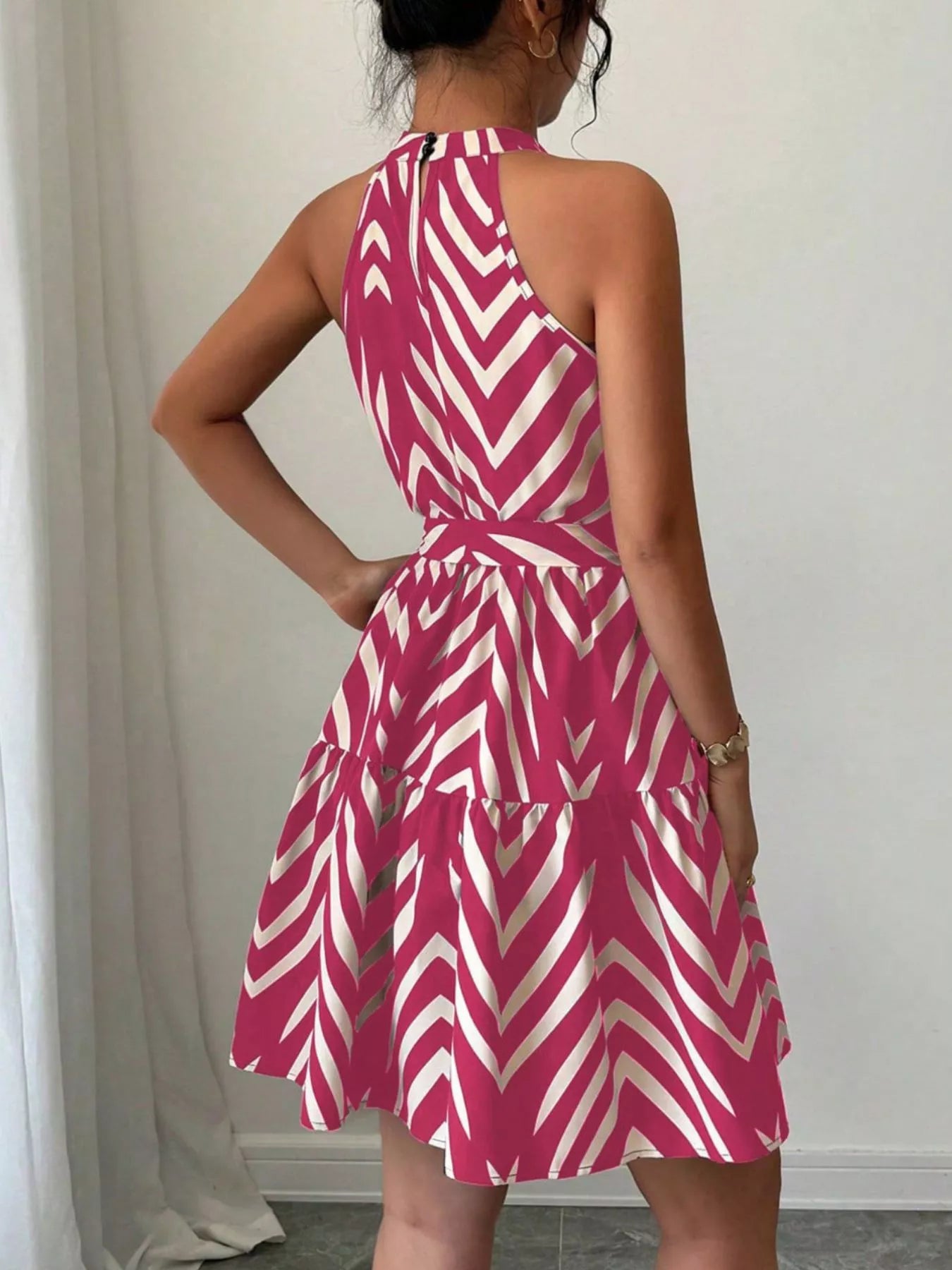 Zebra Print Halter Neck Tie Waist Ruffle Hem Dress