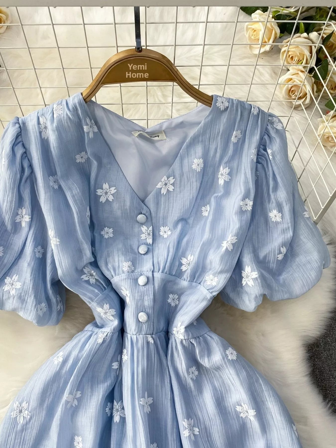 Floral Puff Sleeve A-Line Midi Dress