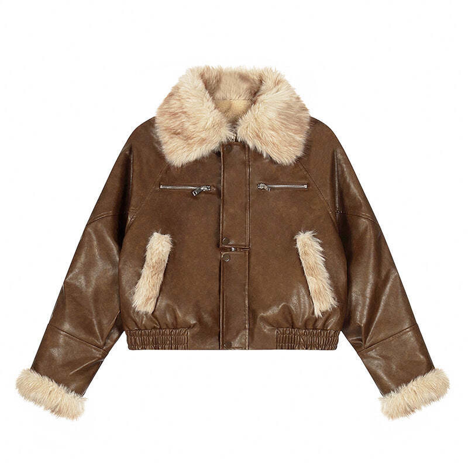 Fur Collar PU Leather Patchwork Coat Stylish Warm Fleece Lined Short Down Jacket