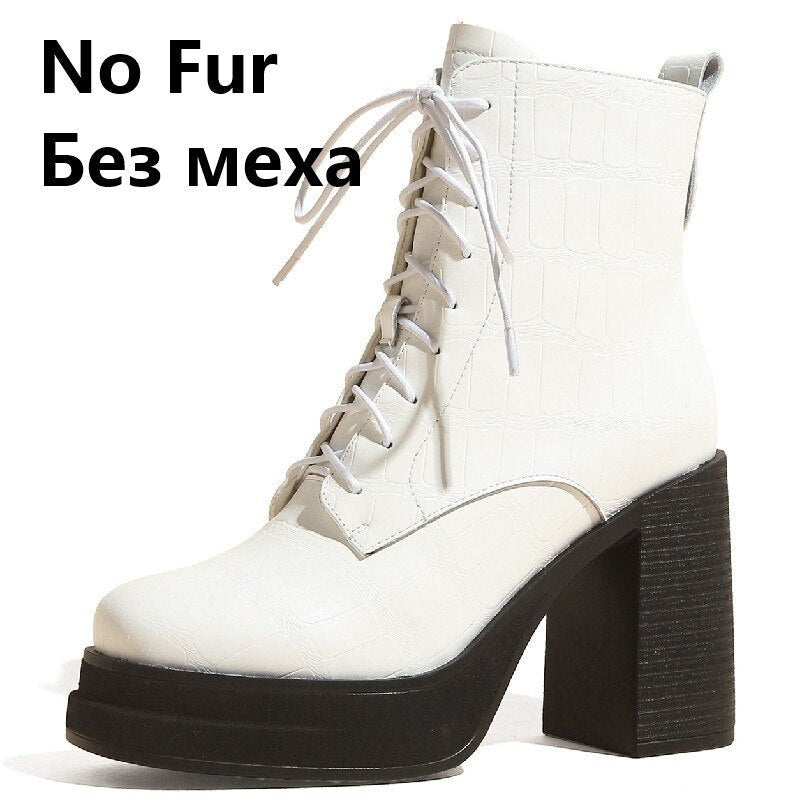 Women Ankle Boots Retro Fashion Office Ladies Chunk Platforms Thick High Heels Genuine Leather Shoes Autumn Winter
