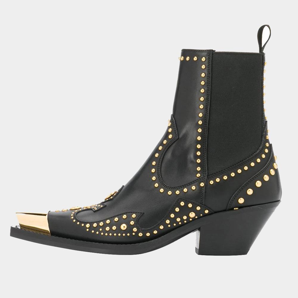 Spring Autumn Women Short Boots Genuine Leather Metal Pointed Toe Chunky Heels Fashion Rivet Boots