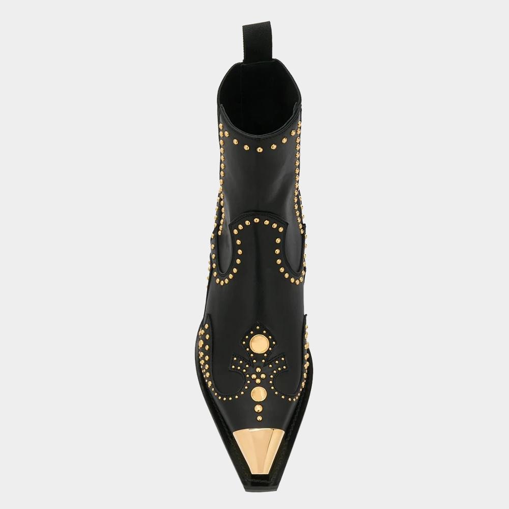 Spring Autumn Women Short Boots Genuine Leather Metal Pointed Toe Chunky Heels Fashion Rivet Boots