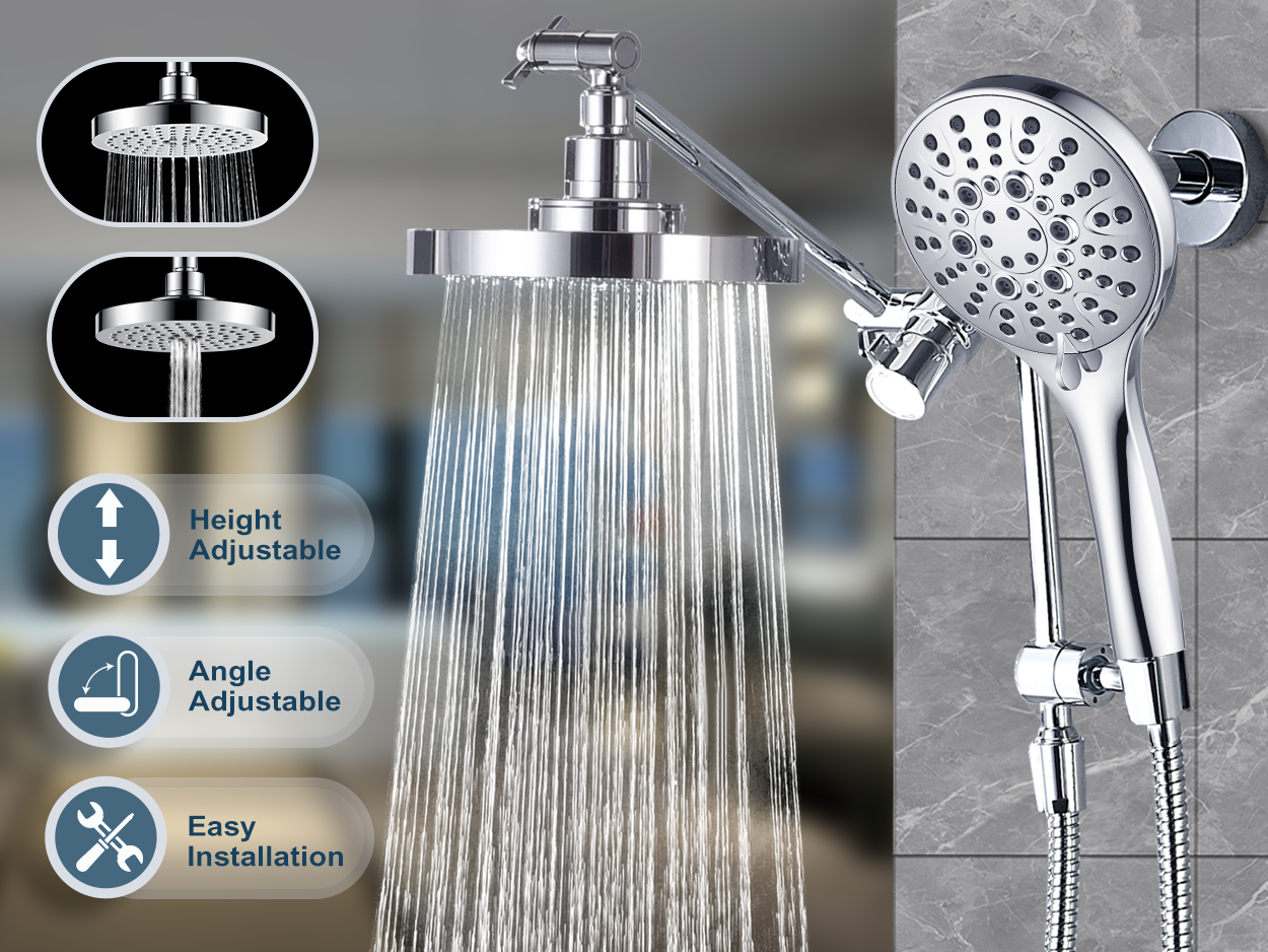 Dual Shower Head with Adjustable Extension Arm, 3-Way Diverter and Hose