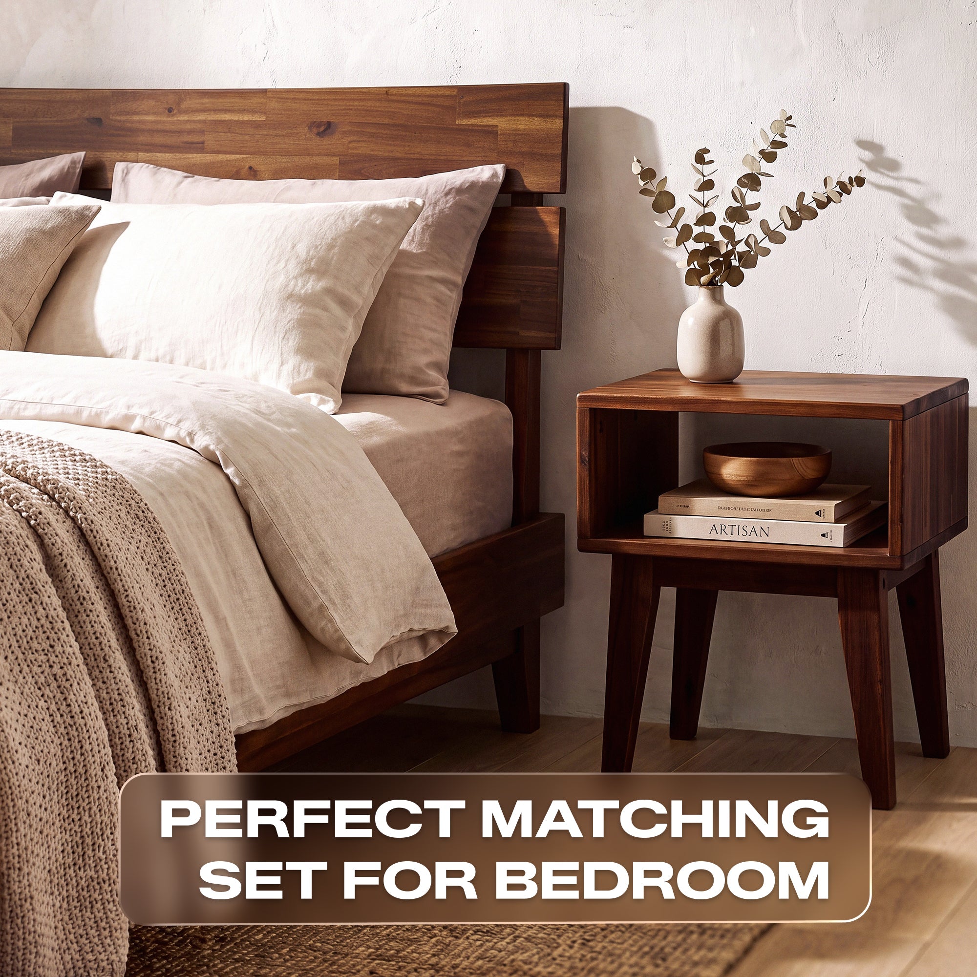 [Buy 1 Get 1] Aurora Solid Wood Bed Frame & Nightstand