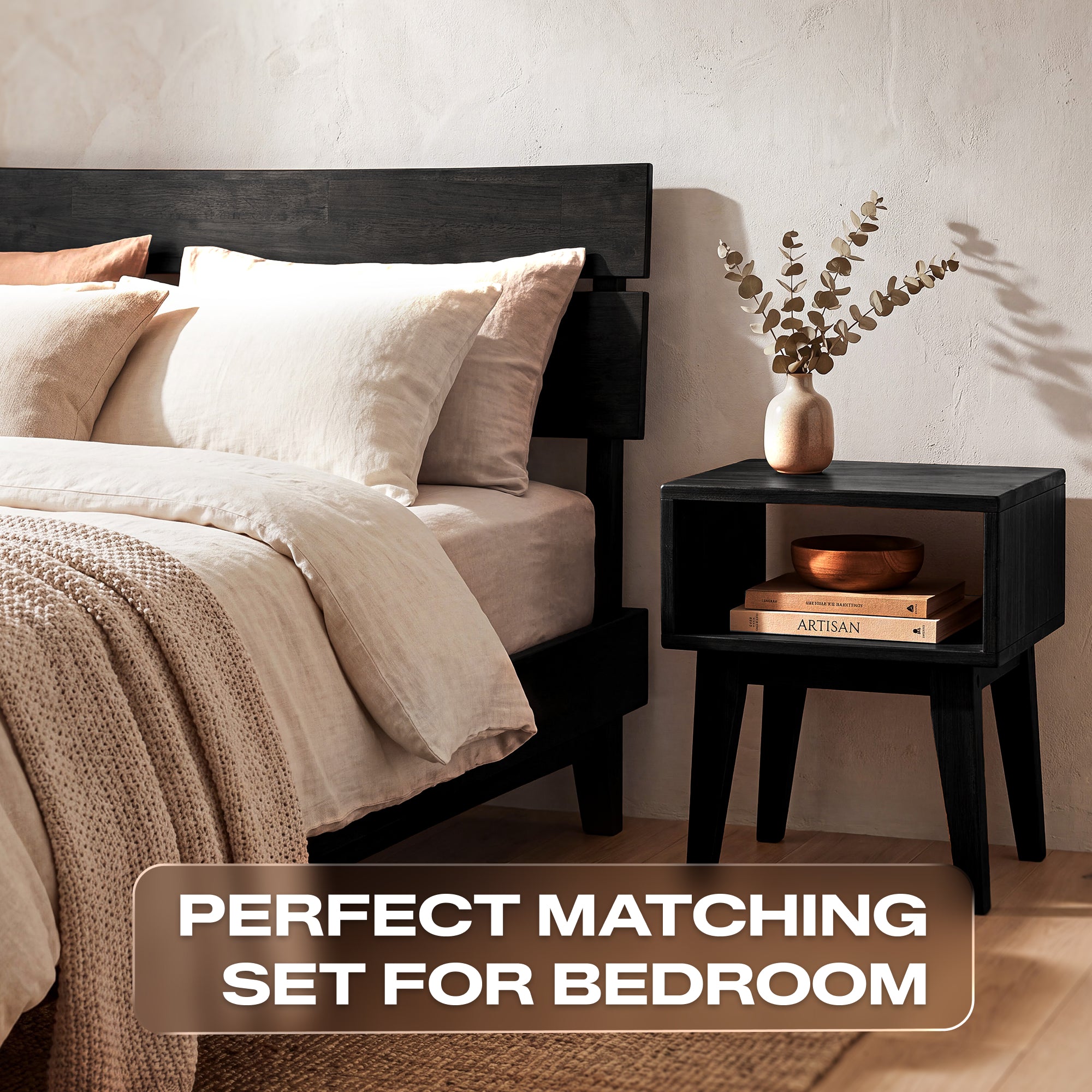[Buy 1 Get 1] Aurora Solid Wood Bed Frame & Nightstand