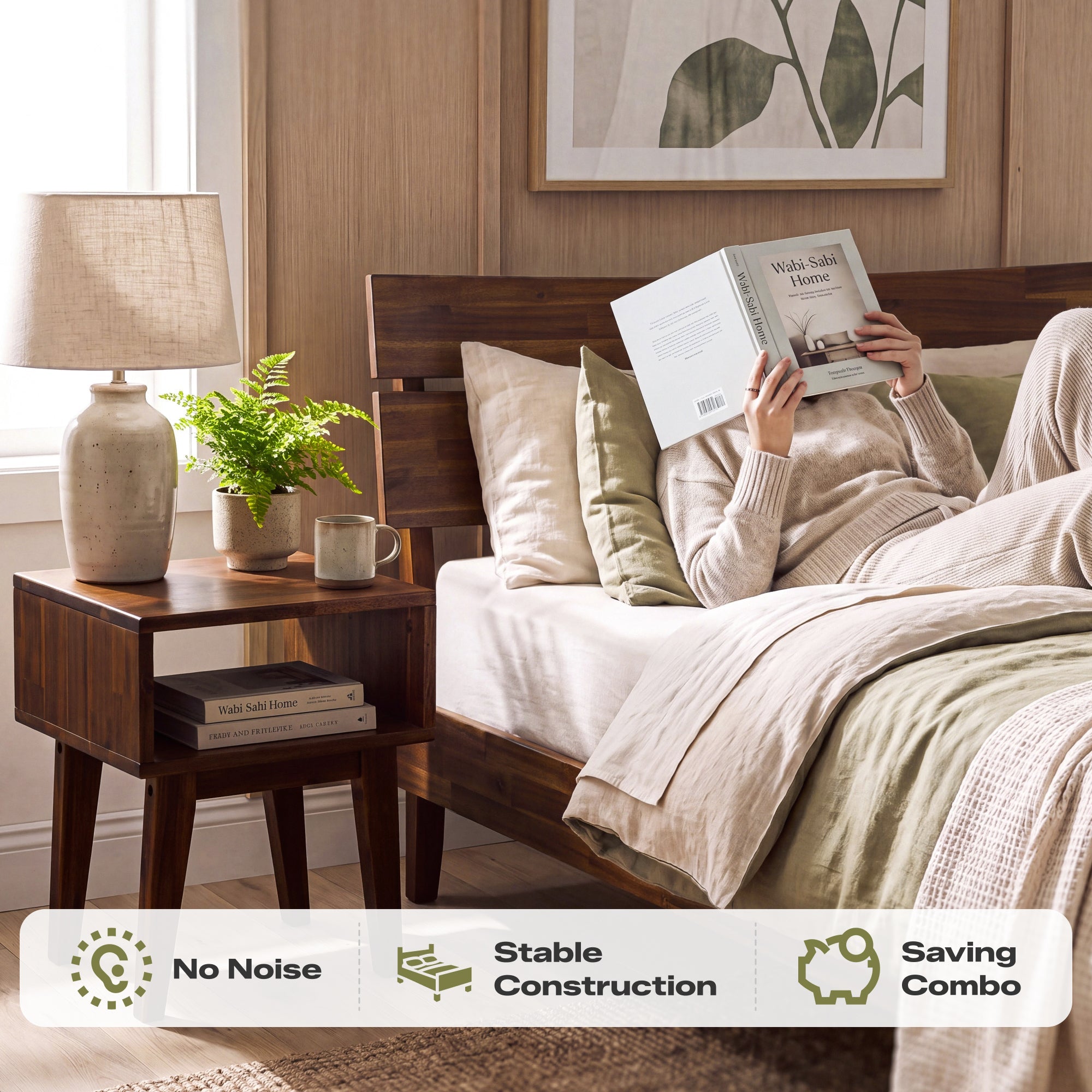 [Buy 1 Get 1] Aurora Solid Wood Bed Frame & Nightstand