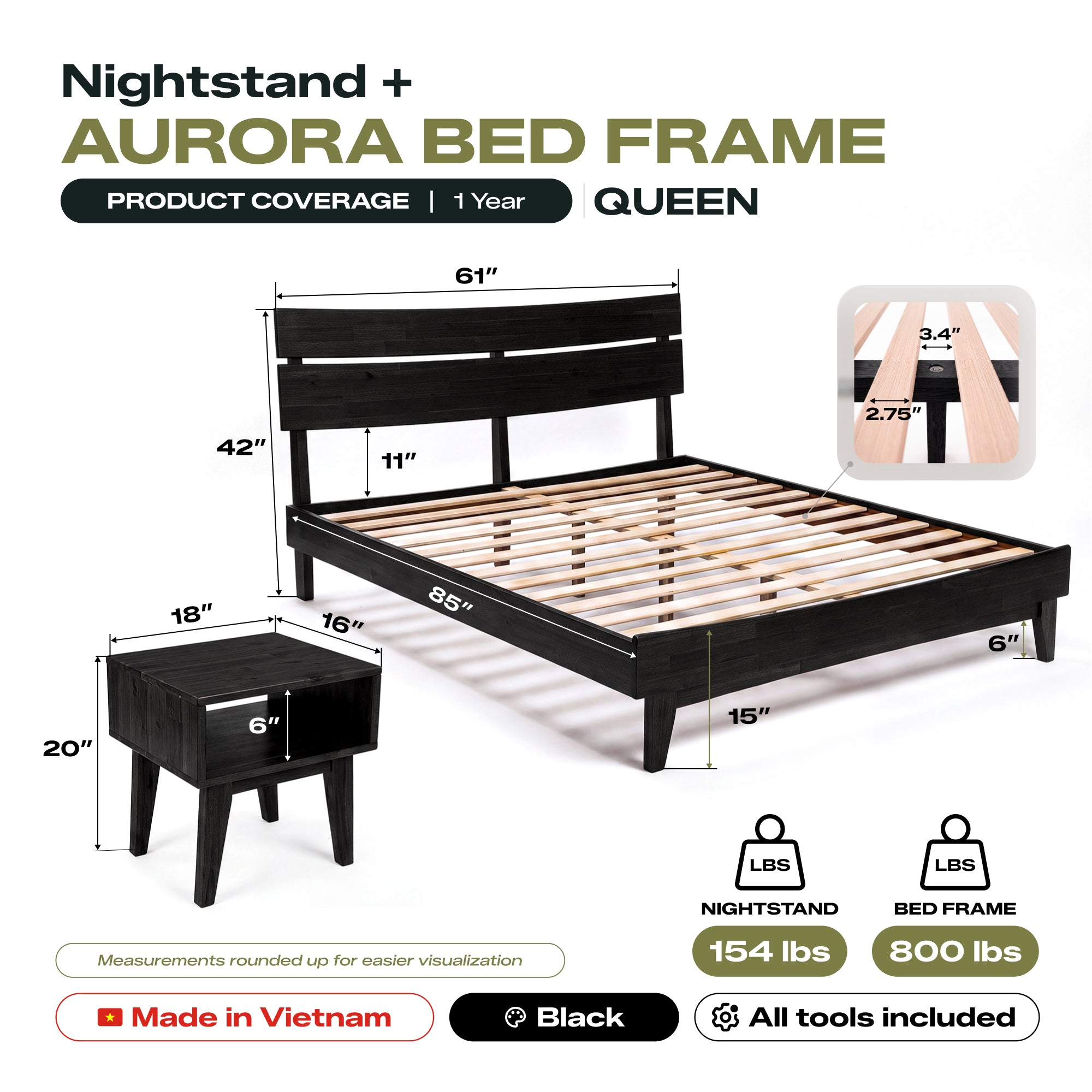 [Buy 1 Get 1] Aurora Solid Wood Bed Frame & Nightstand