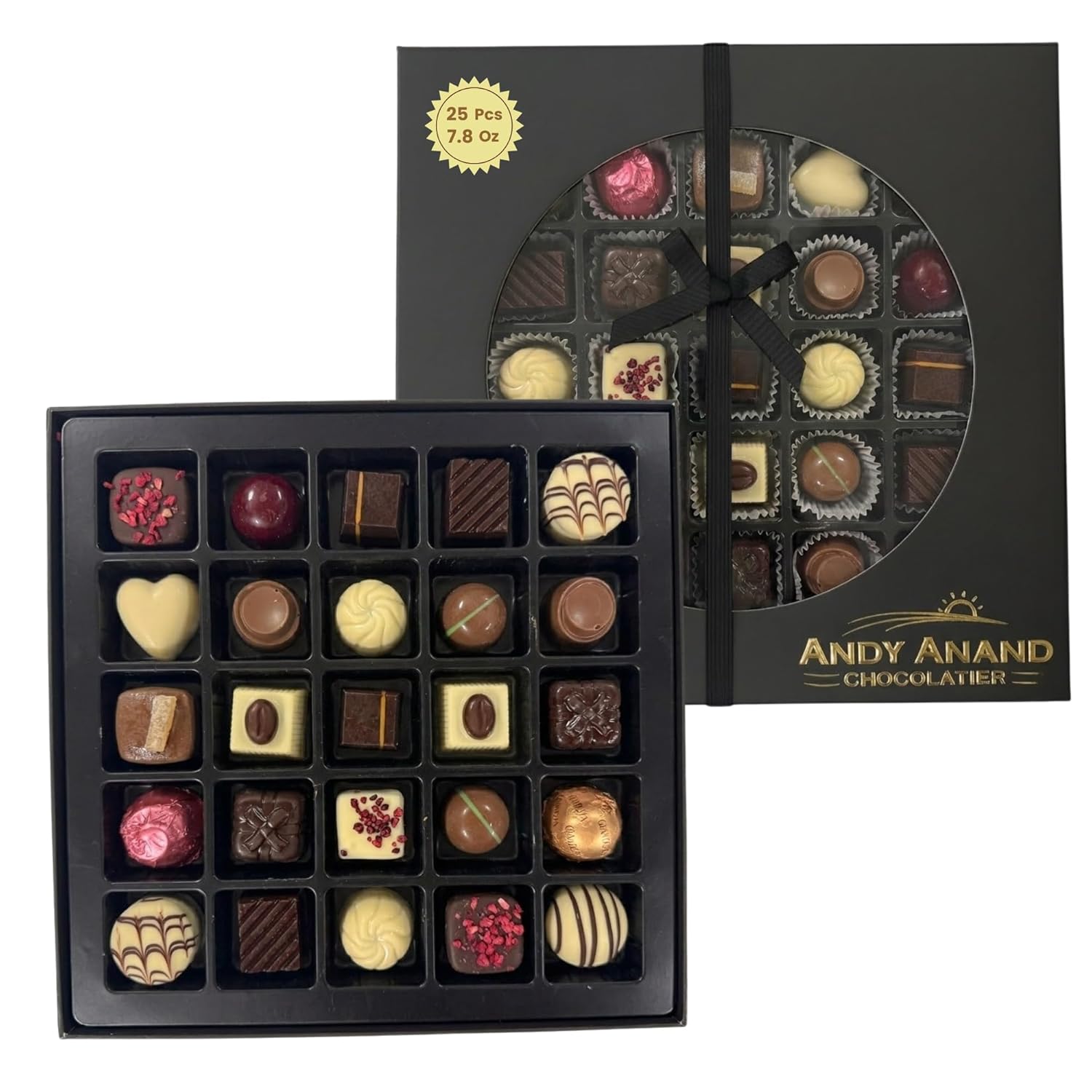Andy Anand Premium Bon Bon Chocolate Collection, 25 pc – Truffles, Pralines, Pistachio Cream, Mint & Tiramisu, Birthday & Holiday Gift Box