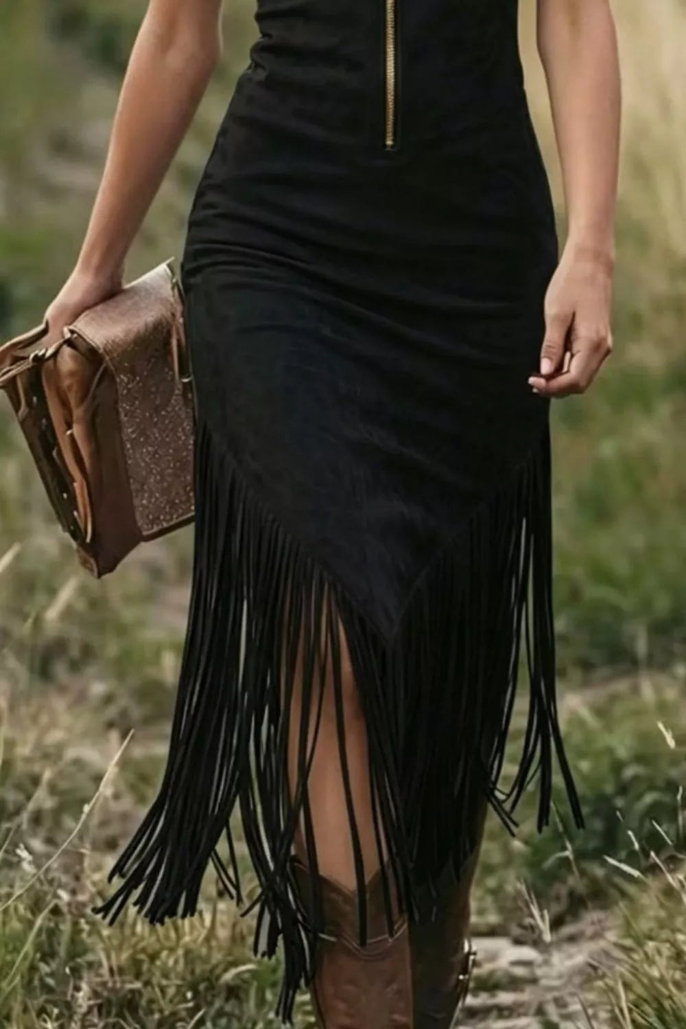 Fringe Zip Front Sleeveless Dress