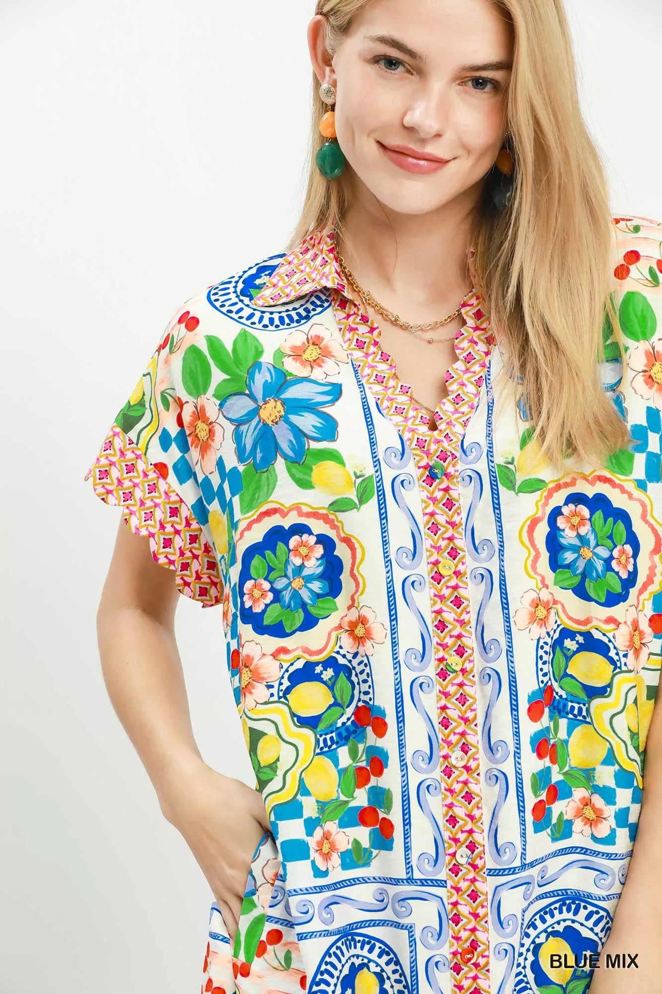 Umgee Mediterranean Print Dress with Contrast Printed Trim