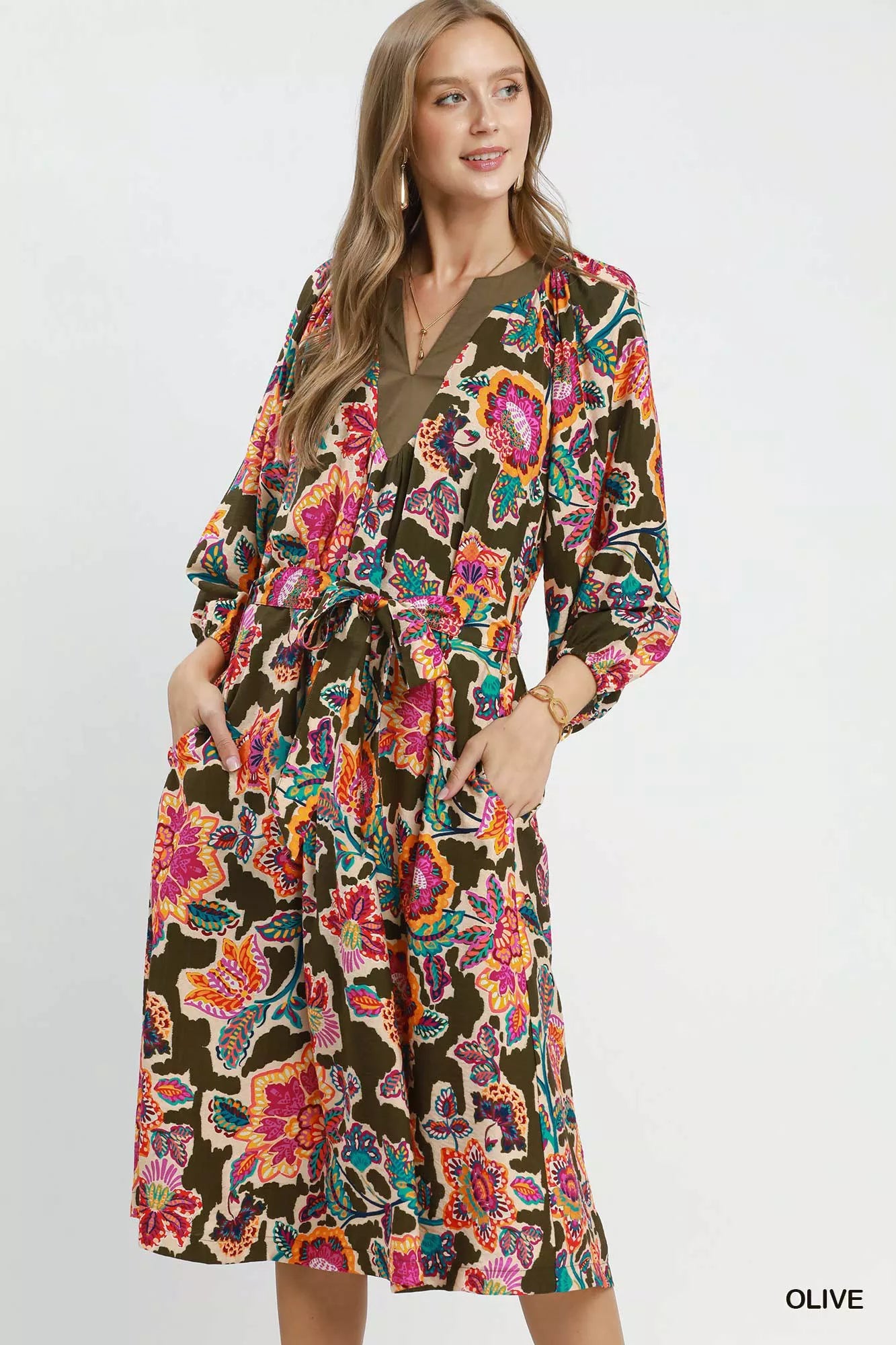 Umgee Abstract Print Embroidered Belted Midi Dress