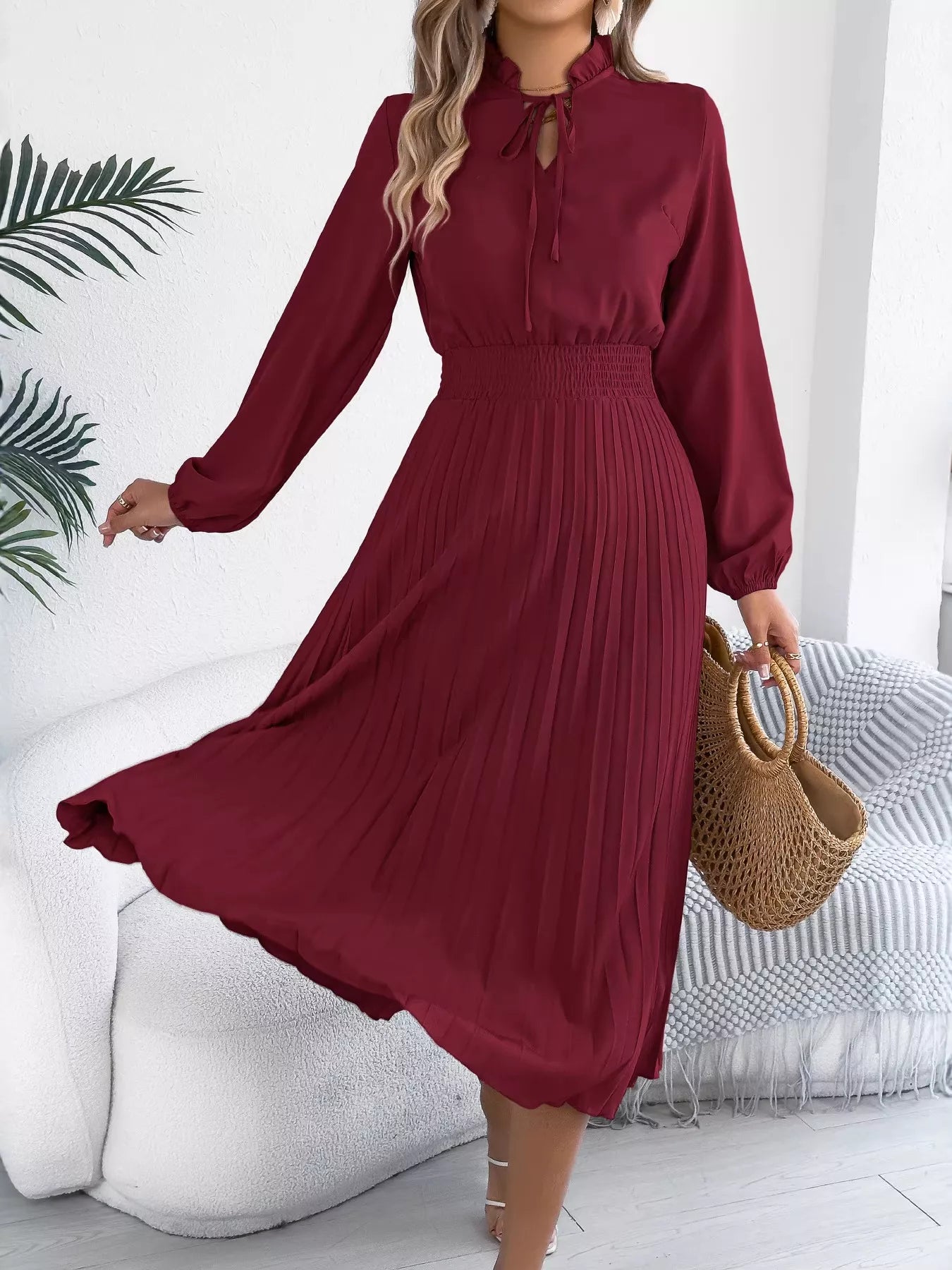 Smocked Pleated Tie Neck Dress