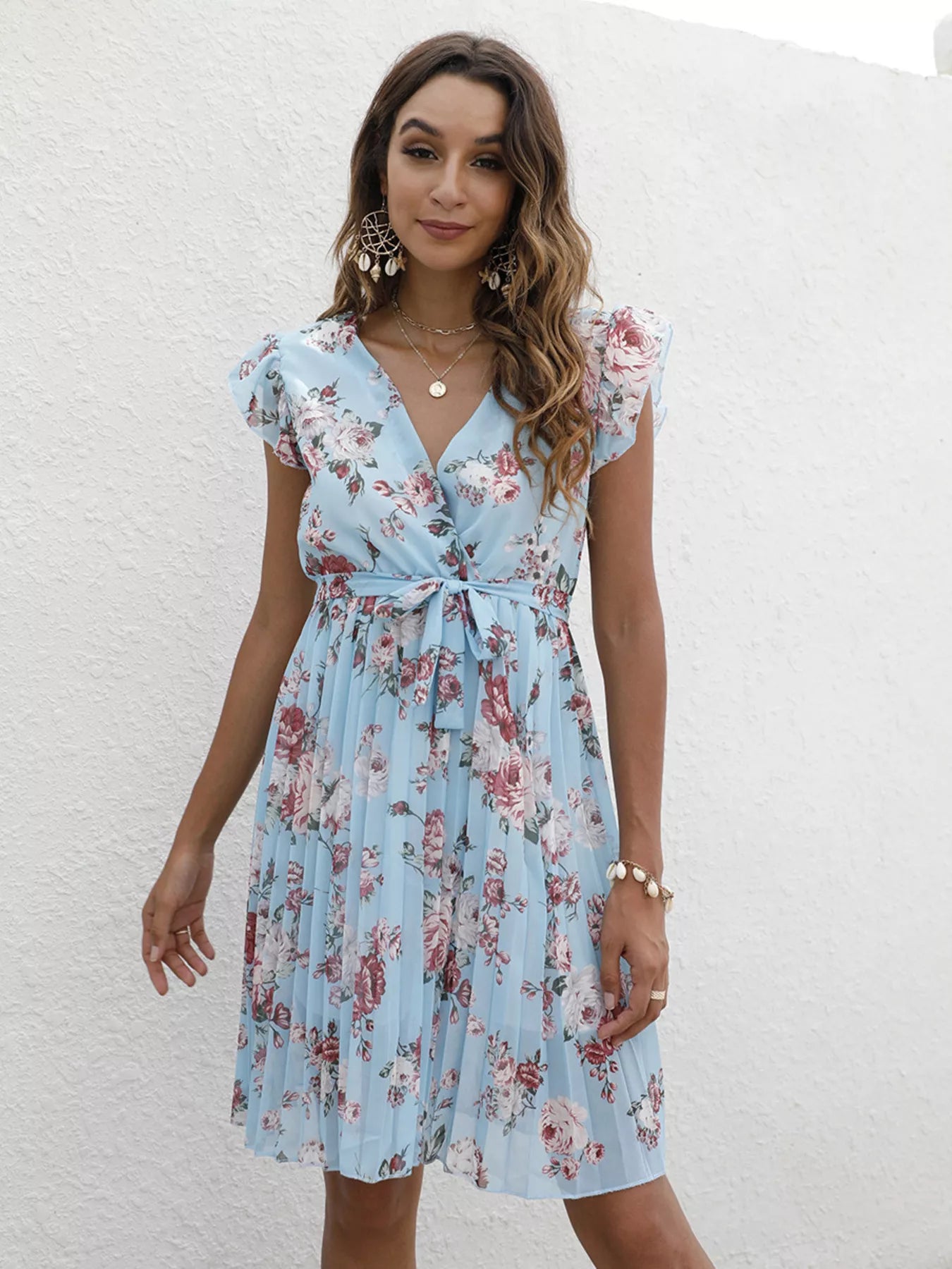 Pleated Floral Print Ruffle Sleeve Dress