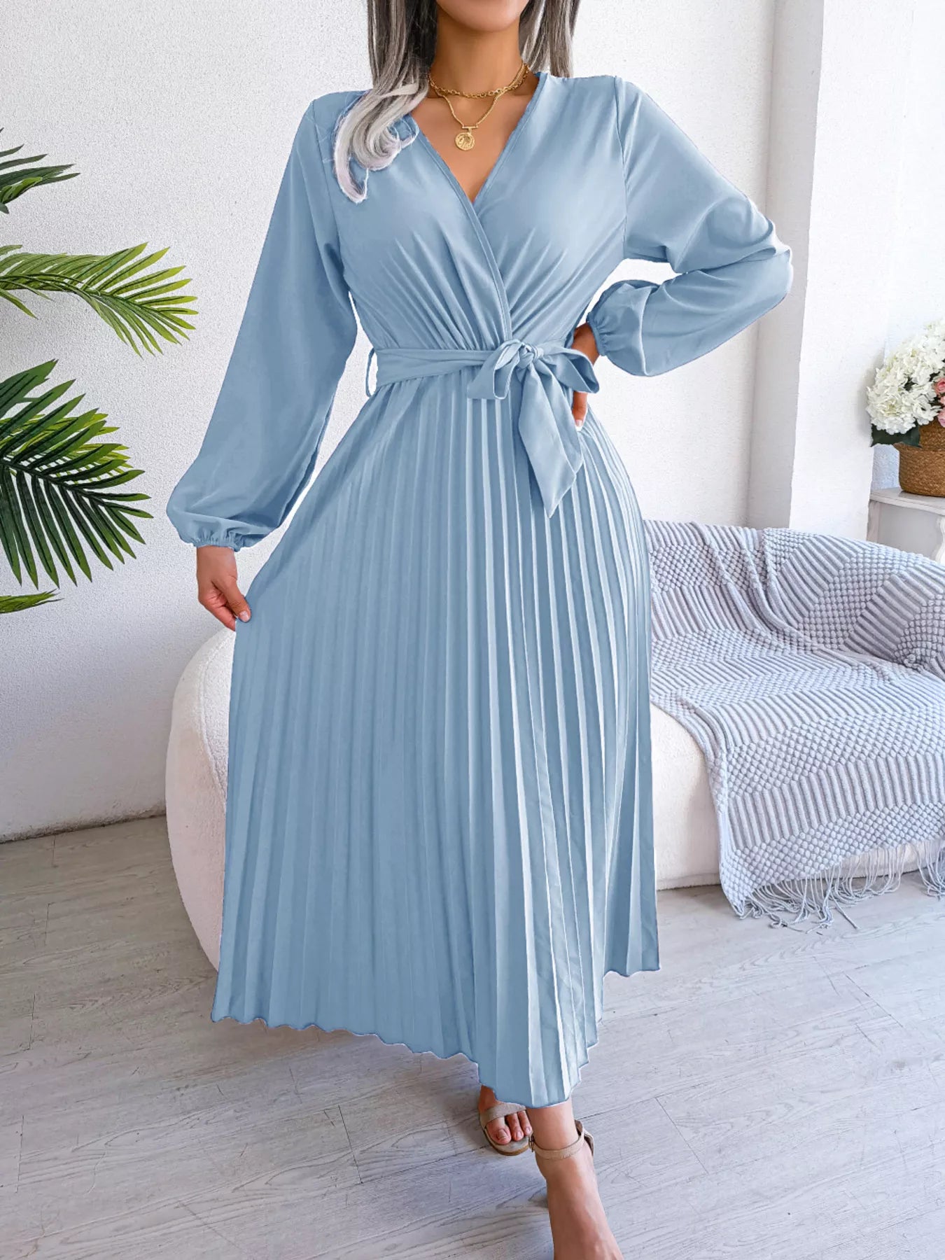 Elegant Pleated Front Tie Long Sleeve Dress