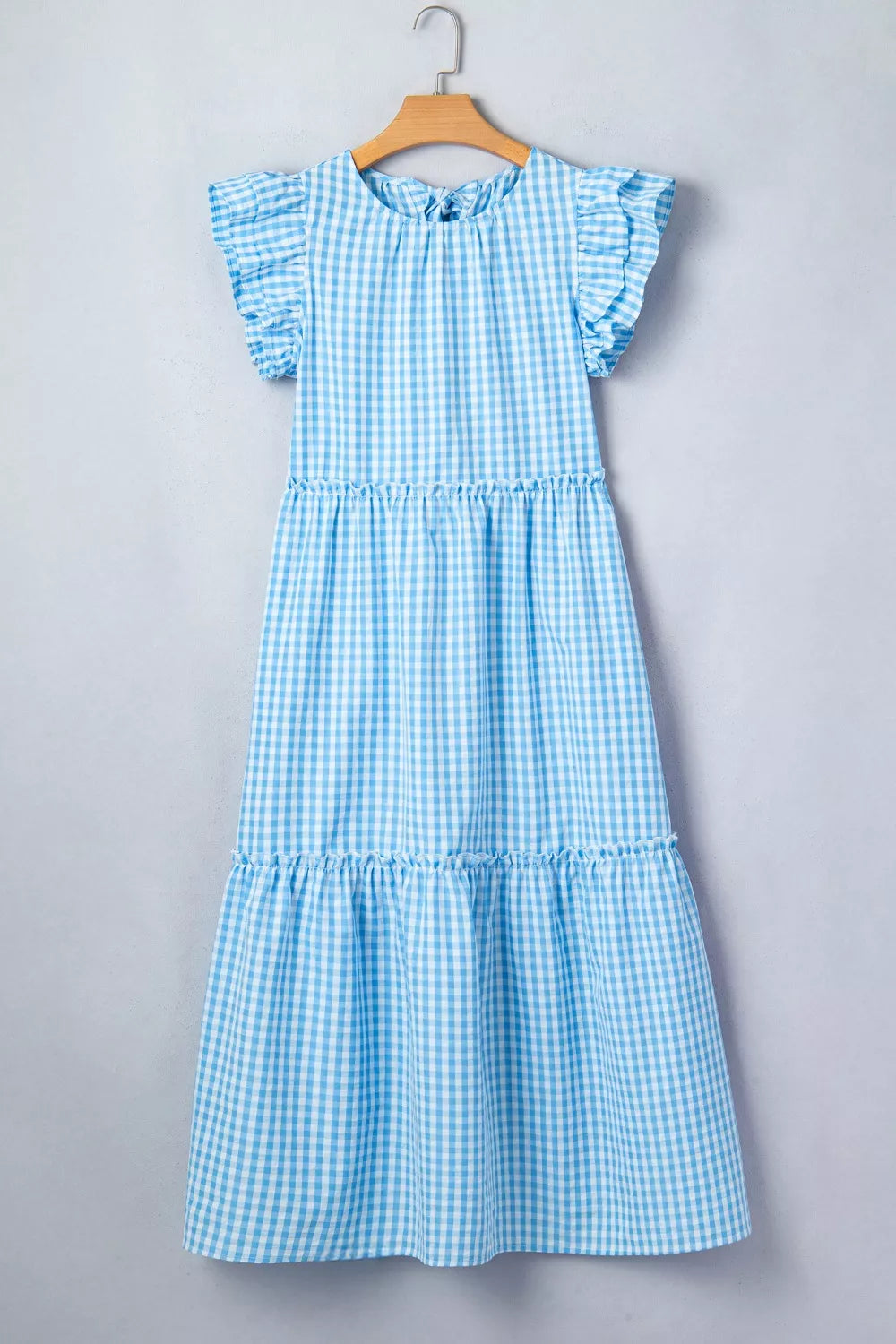 Knot Back Ruffled Short Sleeve Gingham Maxi Dress