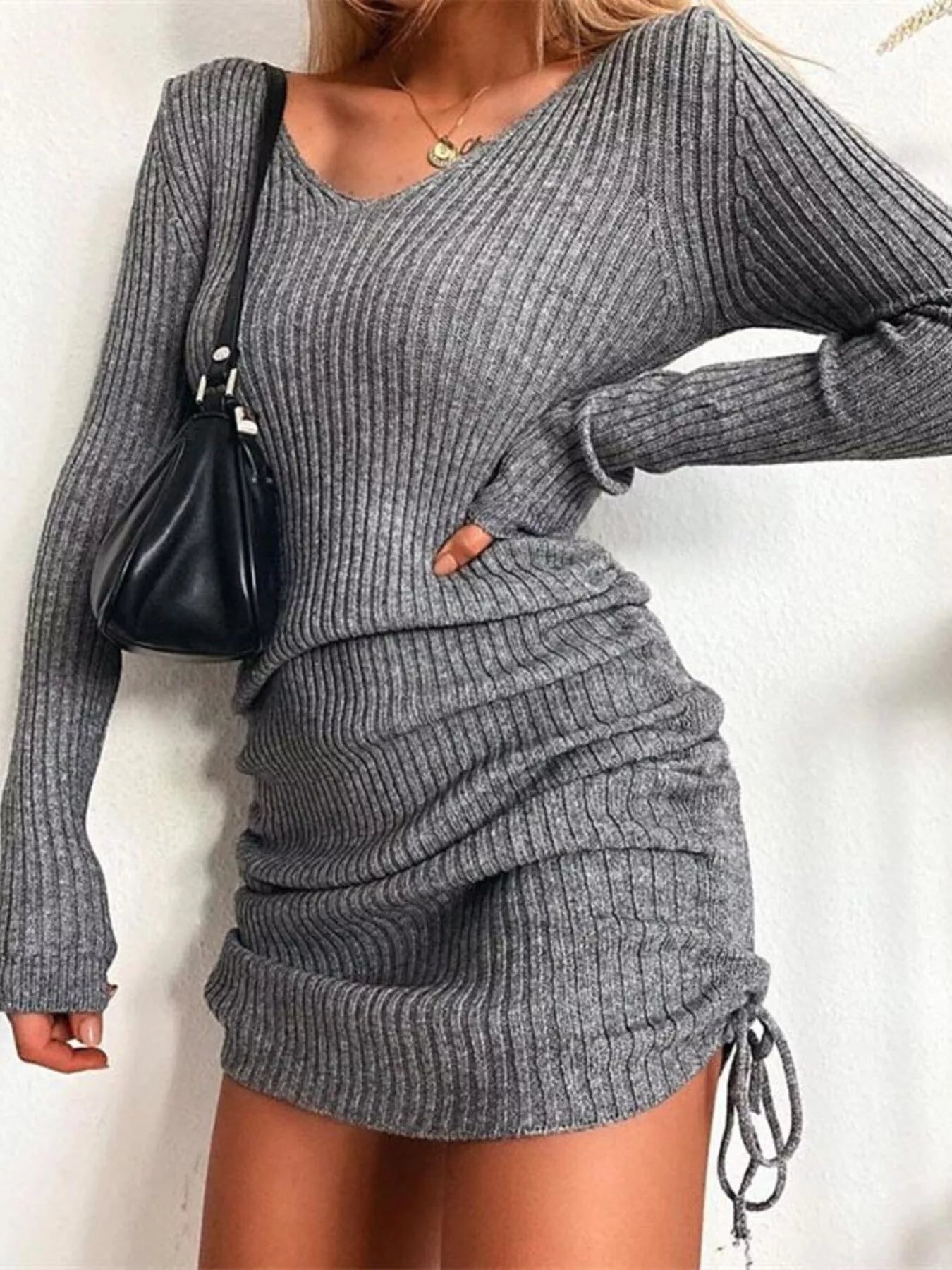 Full Size Ribbed Knit Drawstring Bodycon Sweater Dress Plus Size
