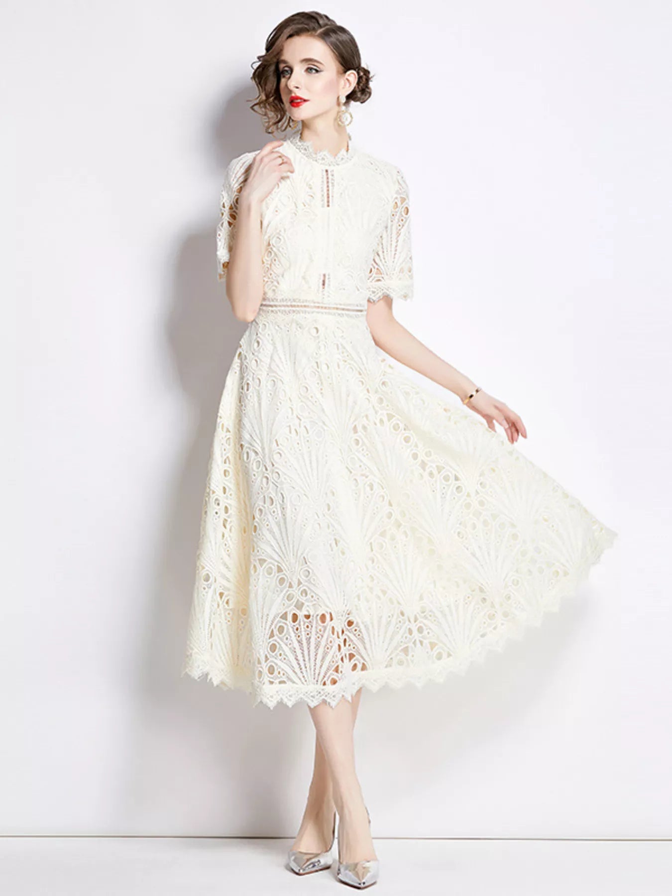 Full Size Lace Short Sleeve Midi Dress Plus Size