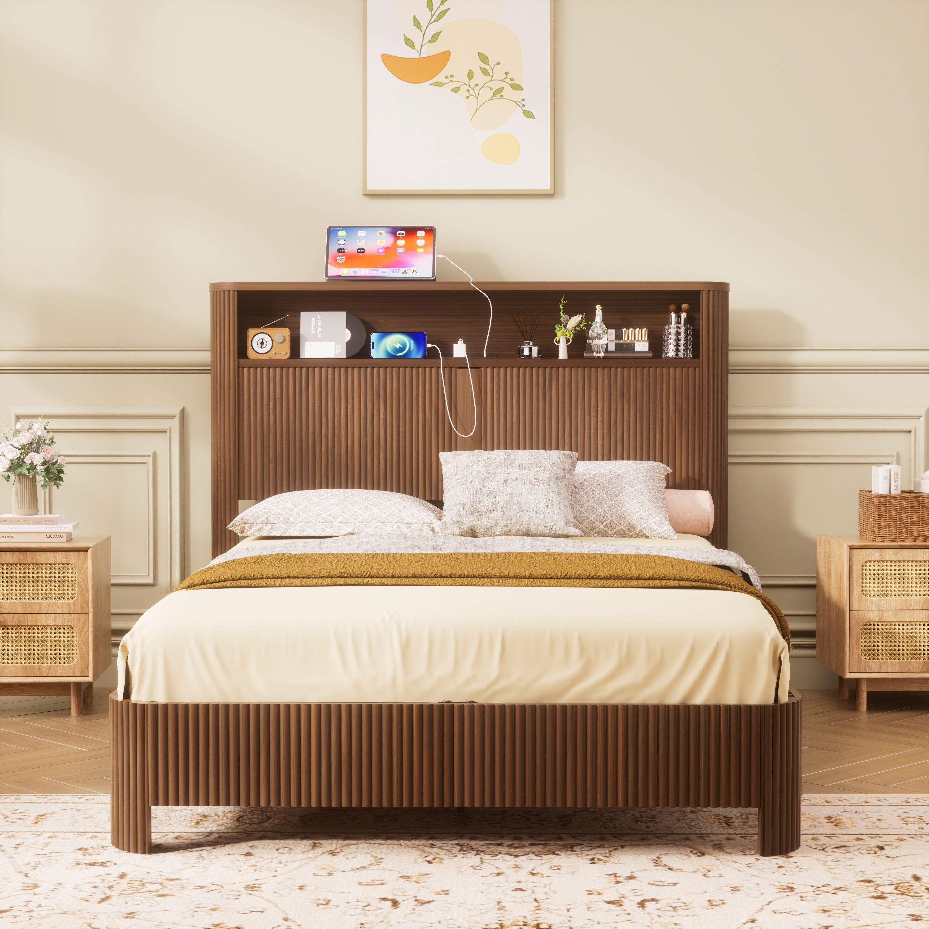 Full Extra Long Size Bed Frame with Storage Headboard