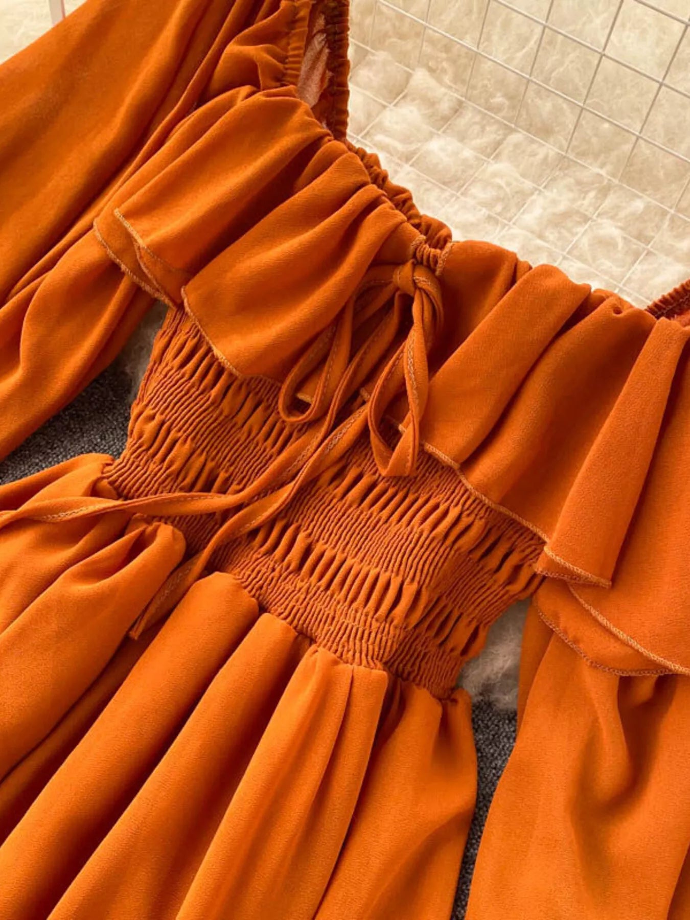 Ruffle Square Neck Balloon Sleeve A-Line Dress