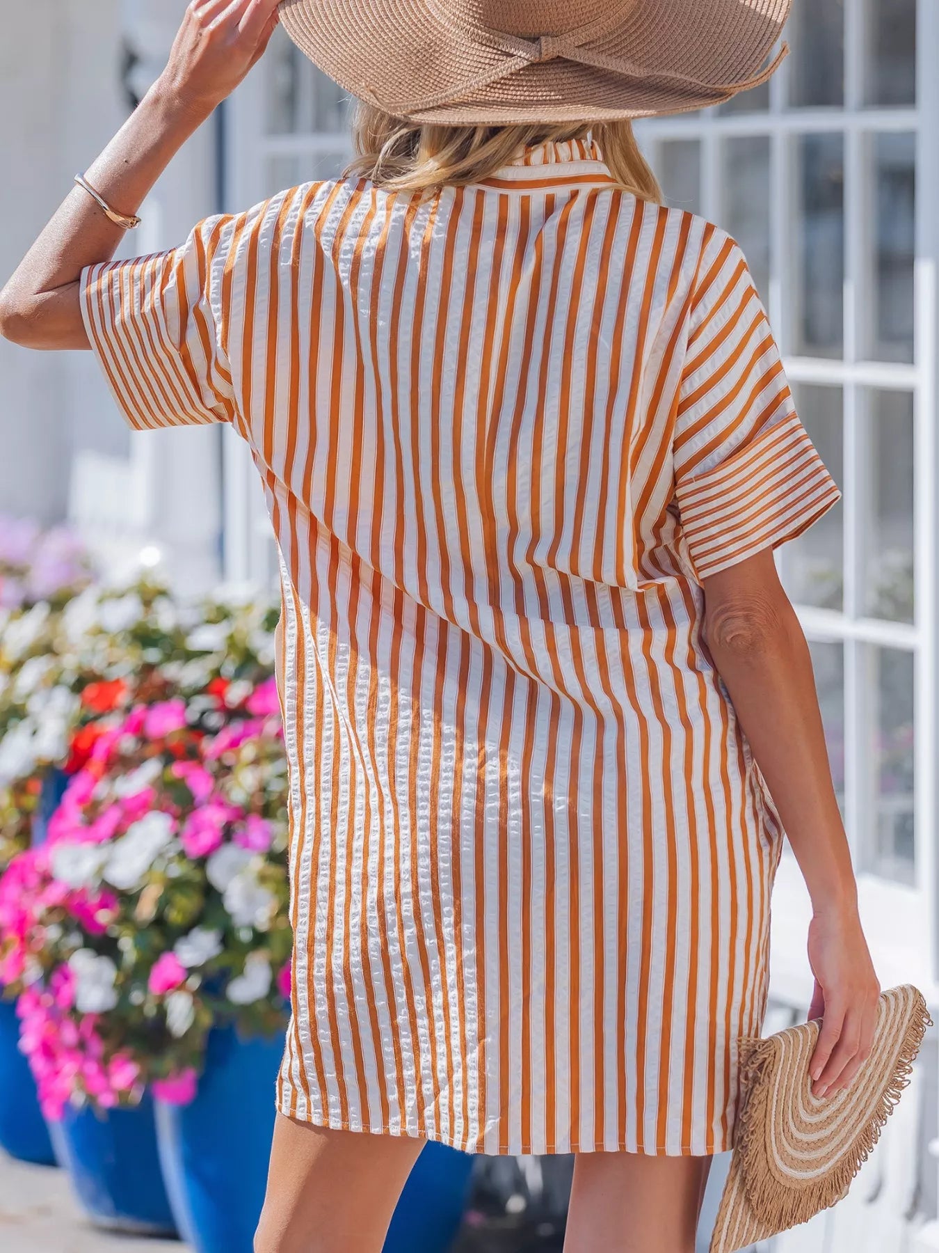Stripe Pinched V Neck Turn-up Cuffs Shift Mini Dress