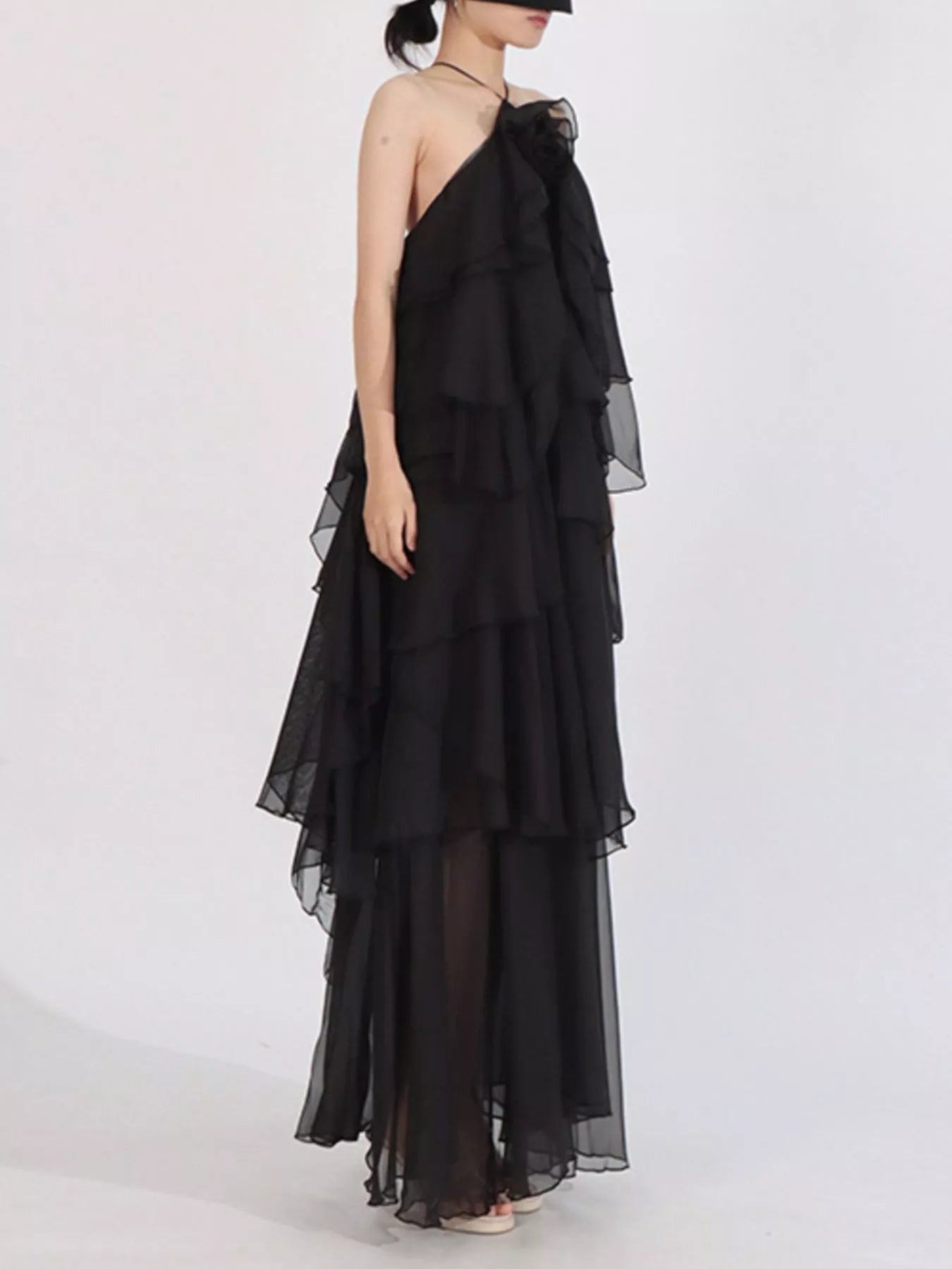 Ruffled Chiffon Halter Neck Maxi Dress