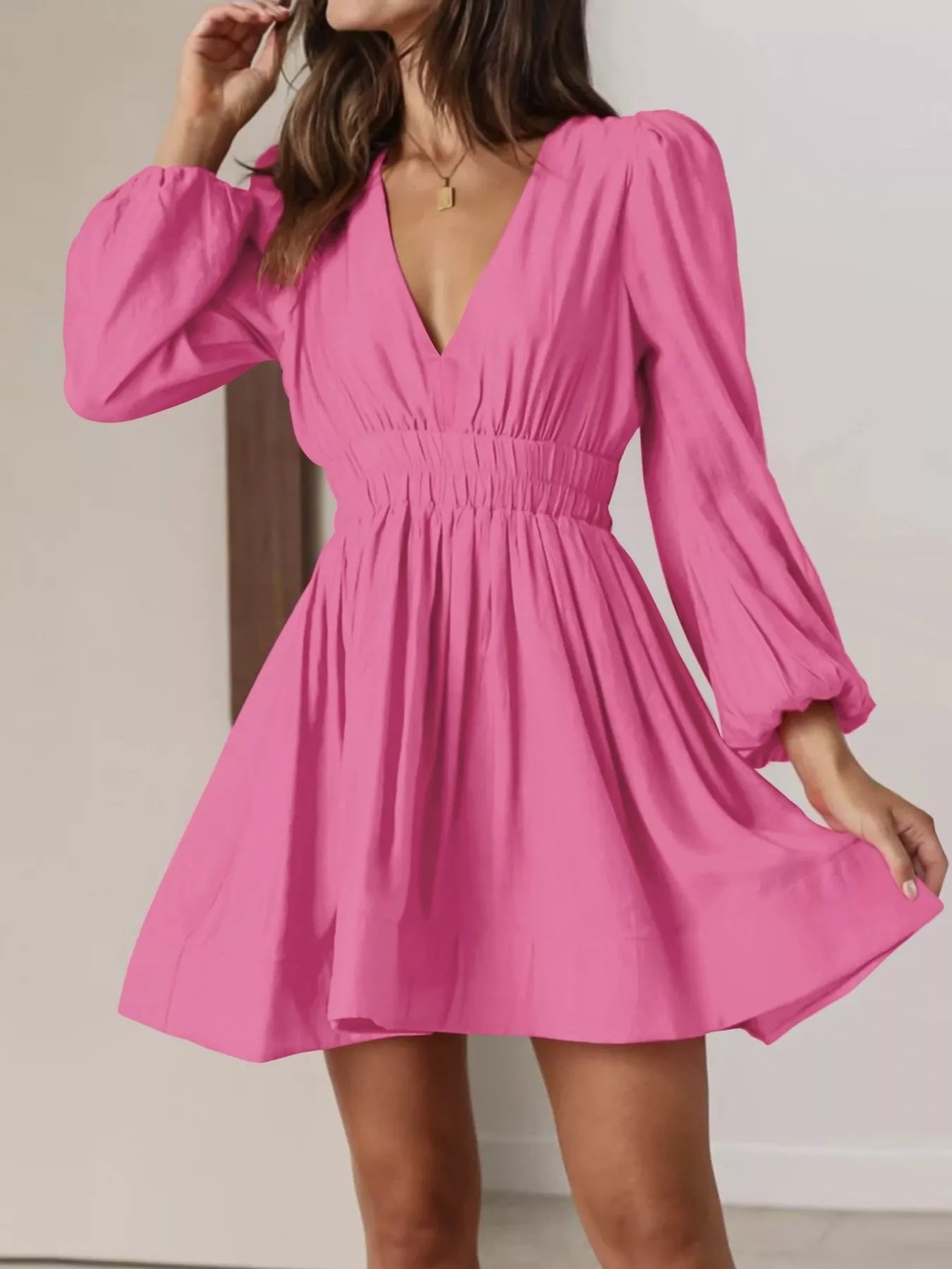 V-Neck Long Sleeve Mini Dress