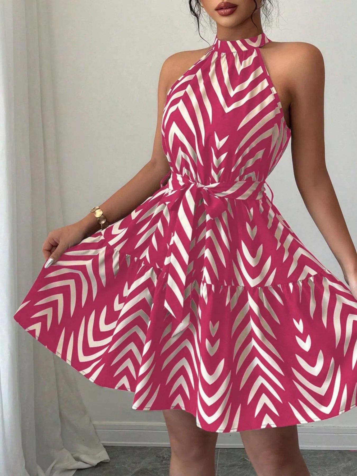 Zebra Print Halter Neck Tie Waist Ruffle Hem Dress