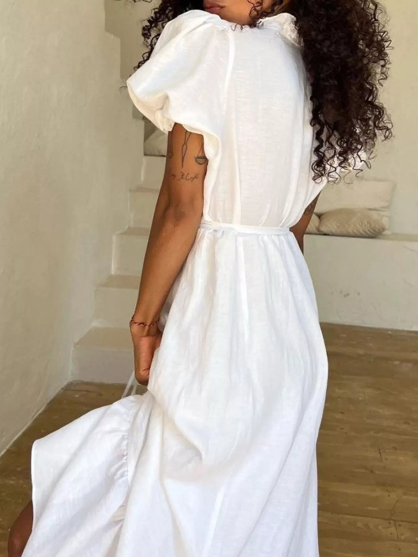 Tie Waist Puff Sleeve Maxi Dress