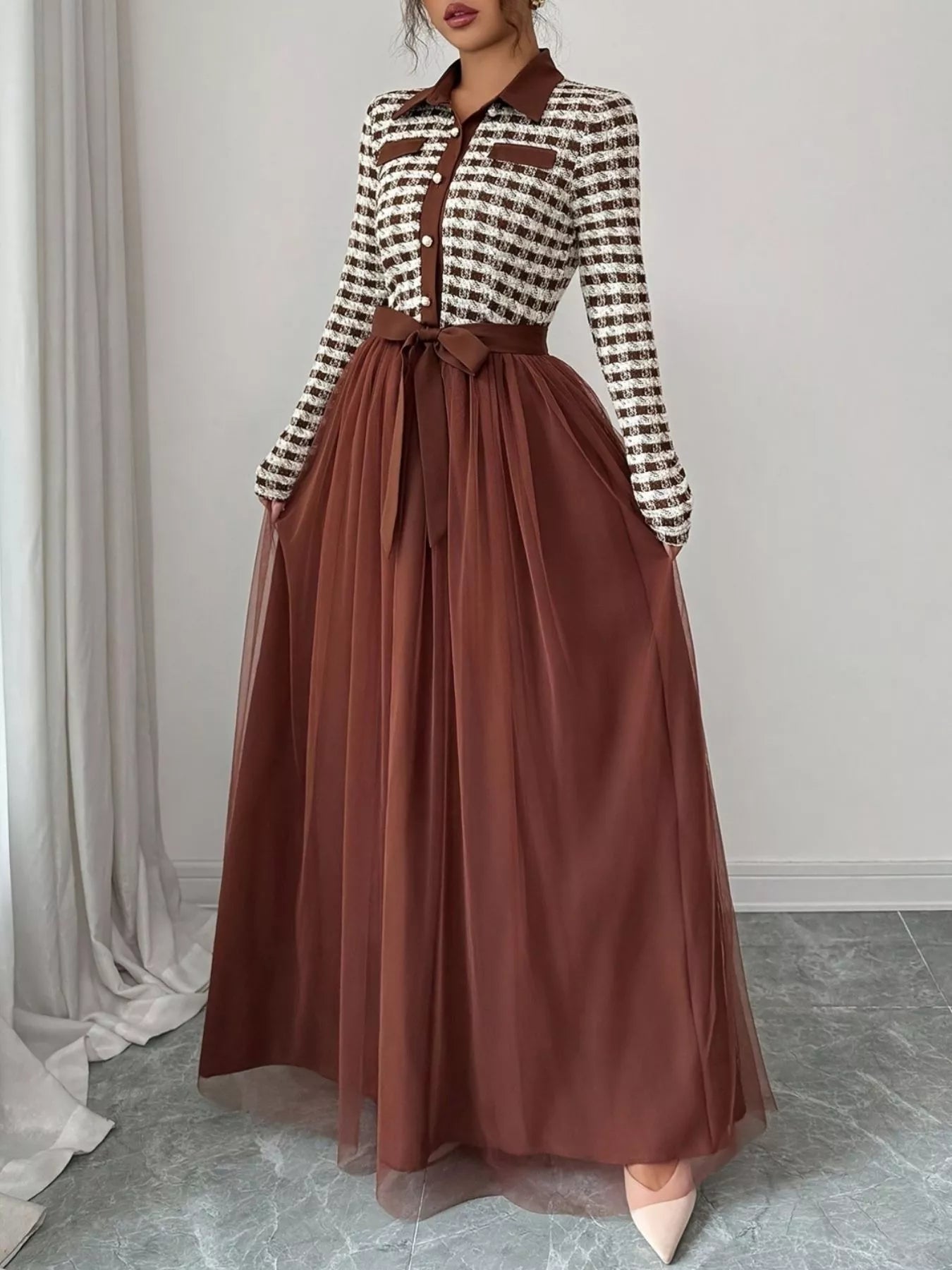 Plaid Long Sleeve Tulle Maxi Dress