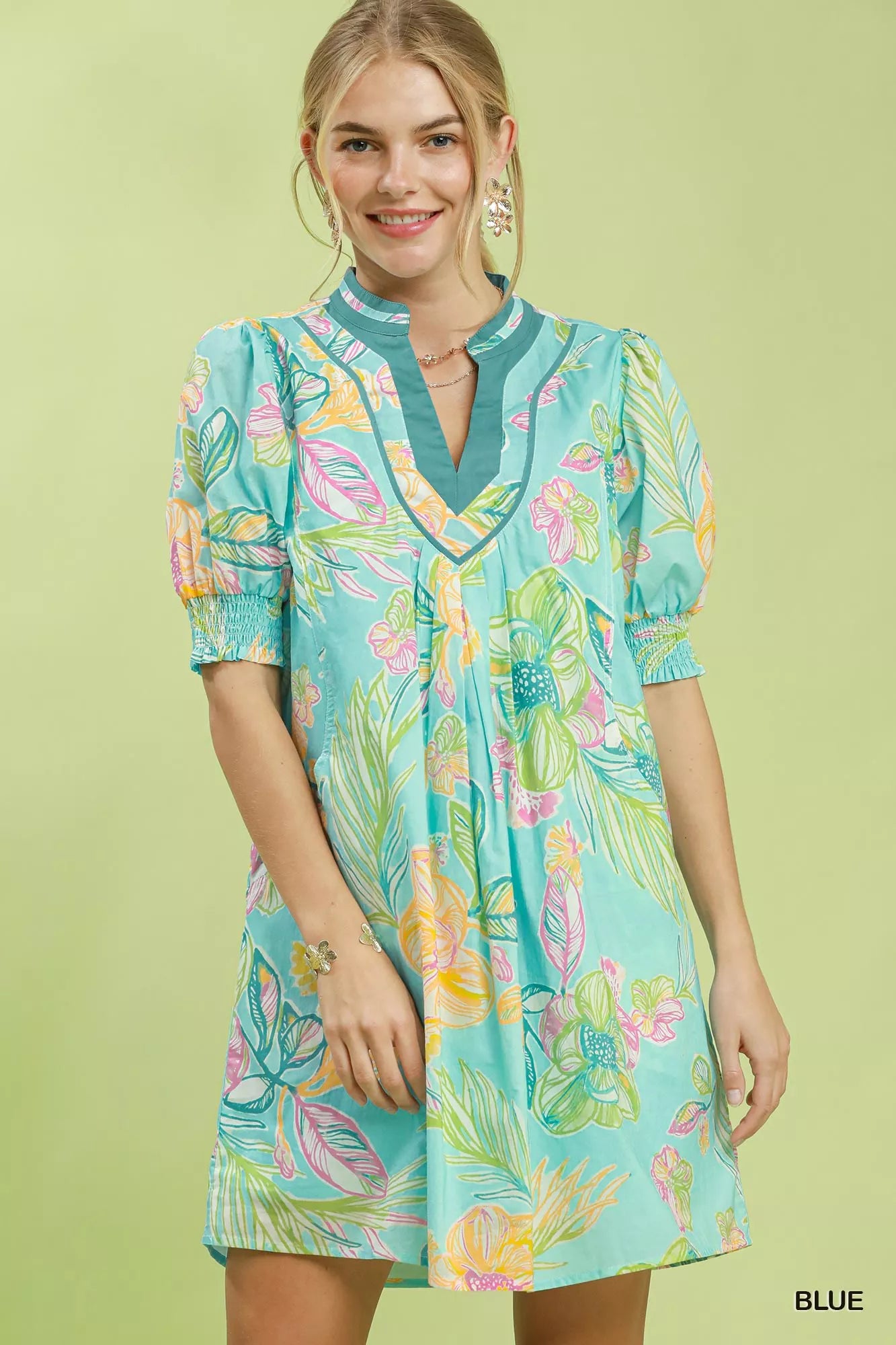 Umgee Botanical Print Dress with Smocked Cuffs