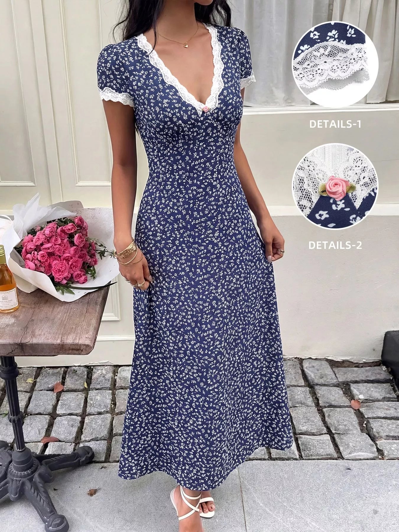 Floral Print Lace Trim Maxi Dress