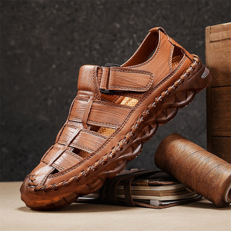 Mens Beach Sandals Outdoor Casual Leather Closed-Toe Wear-Resistant Breathable Shoes For Men