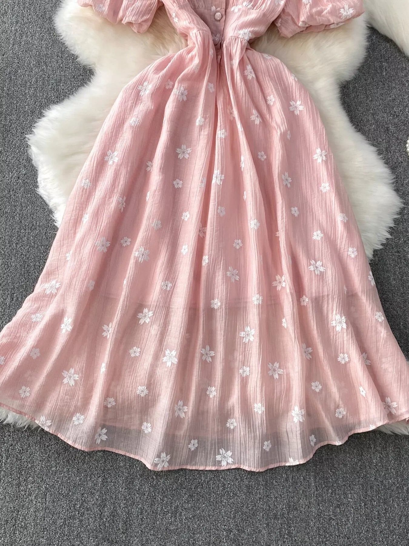 Floral Puff Sleeve A-Line Midi Dress