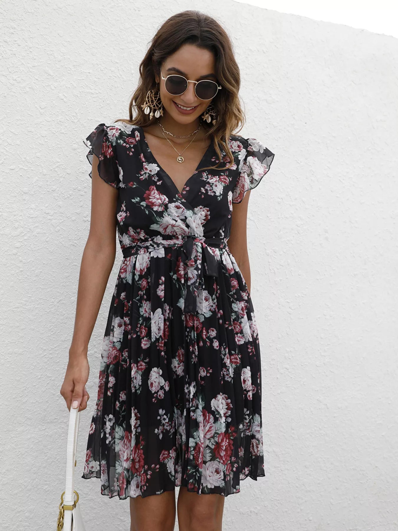 Pleated Floral Print Ruffle Sleeve Dress