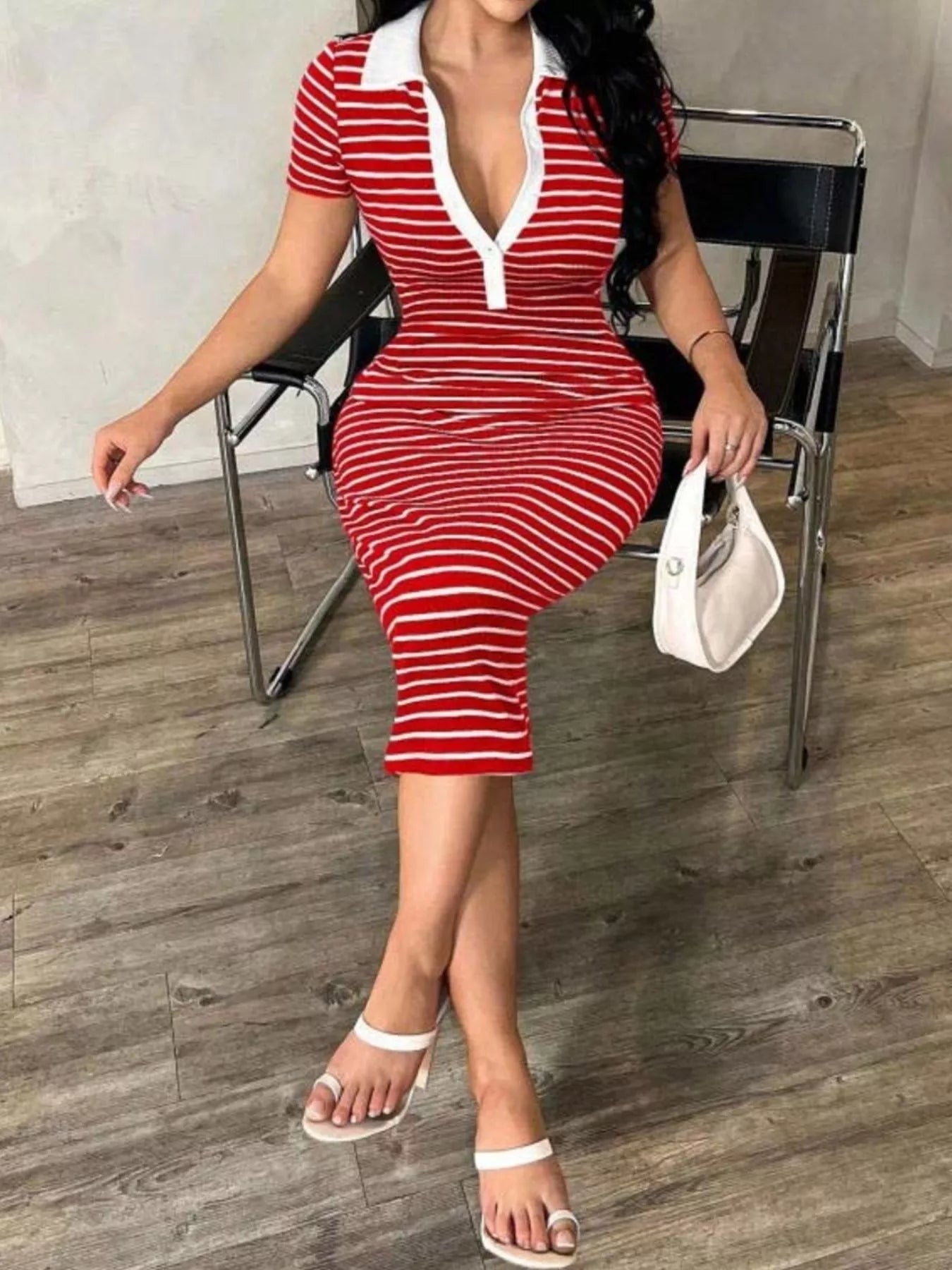 Striped Polo Collar Midi Dress