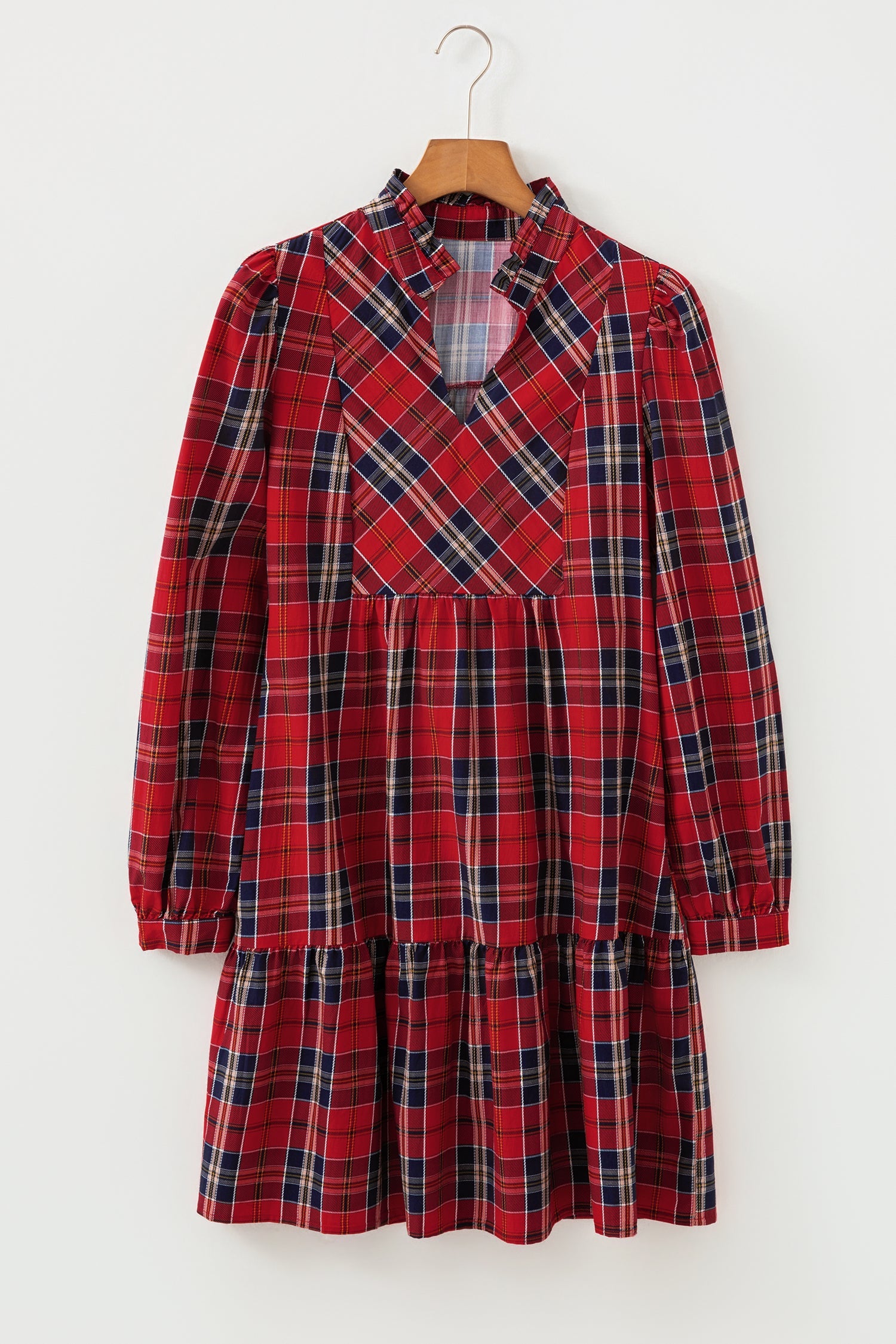 Plaid Print Frilly Collar Long Sleeve Shift Mini Dress