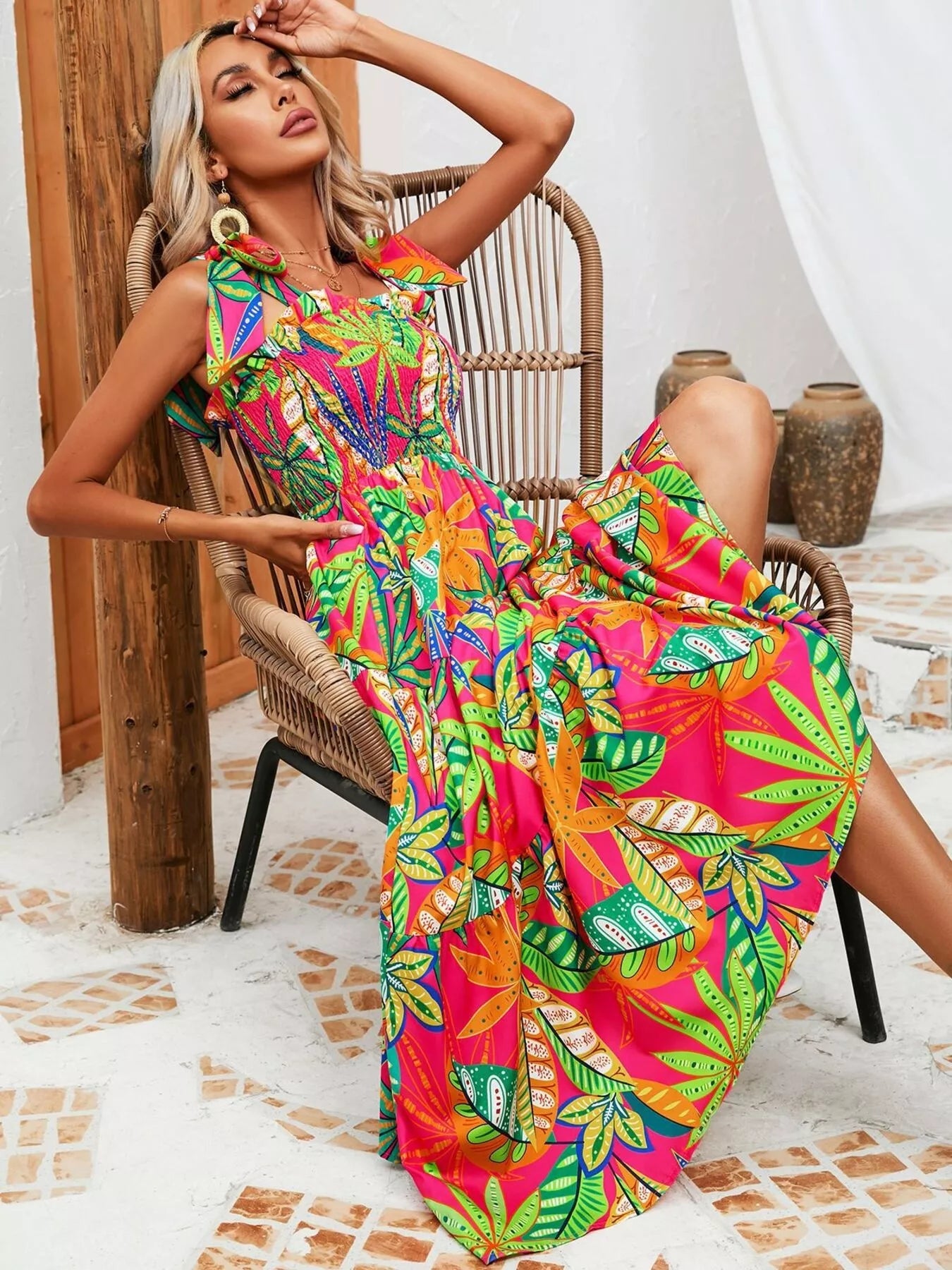 Tropical Print Smocked Tie-Strap Dress