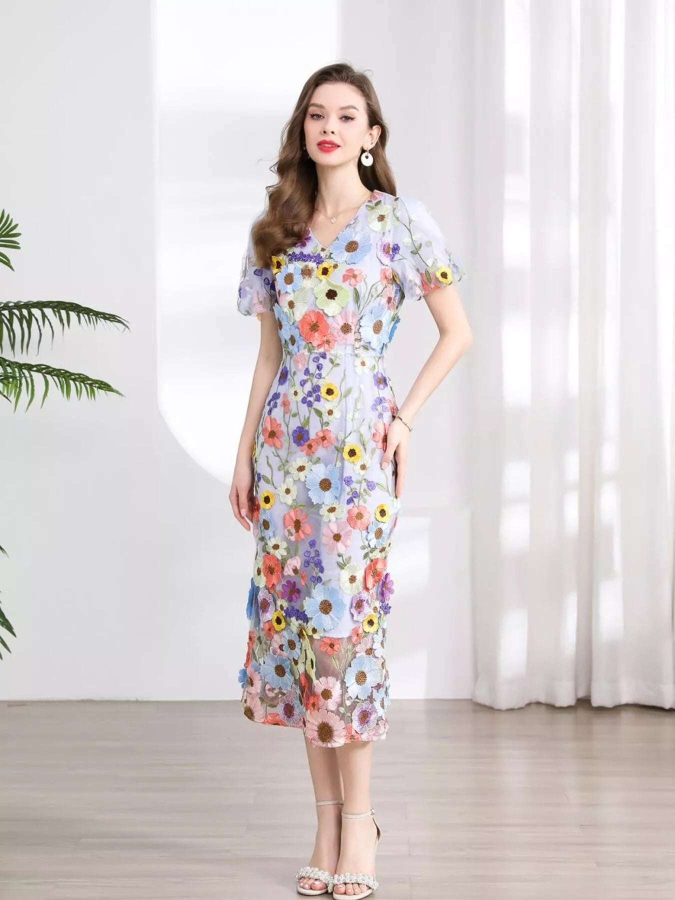 Floral Embroidered Puff Sleeve Midi Dress