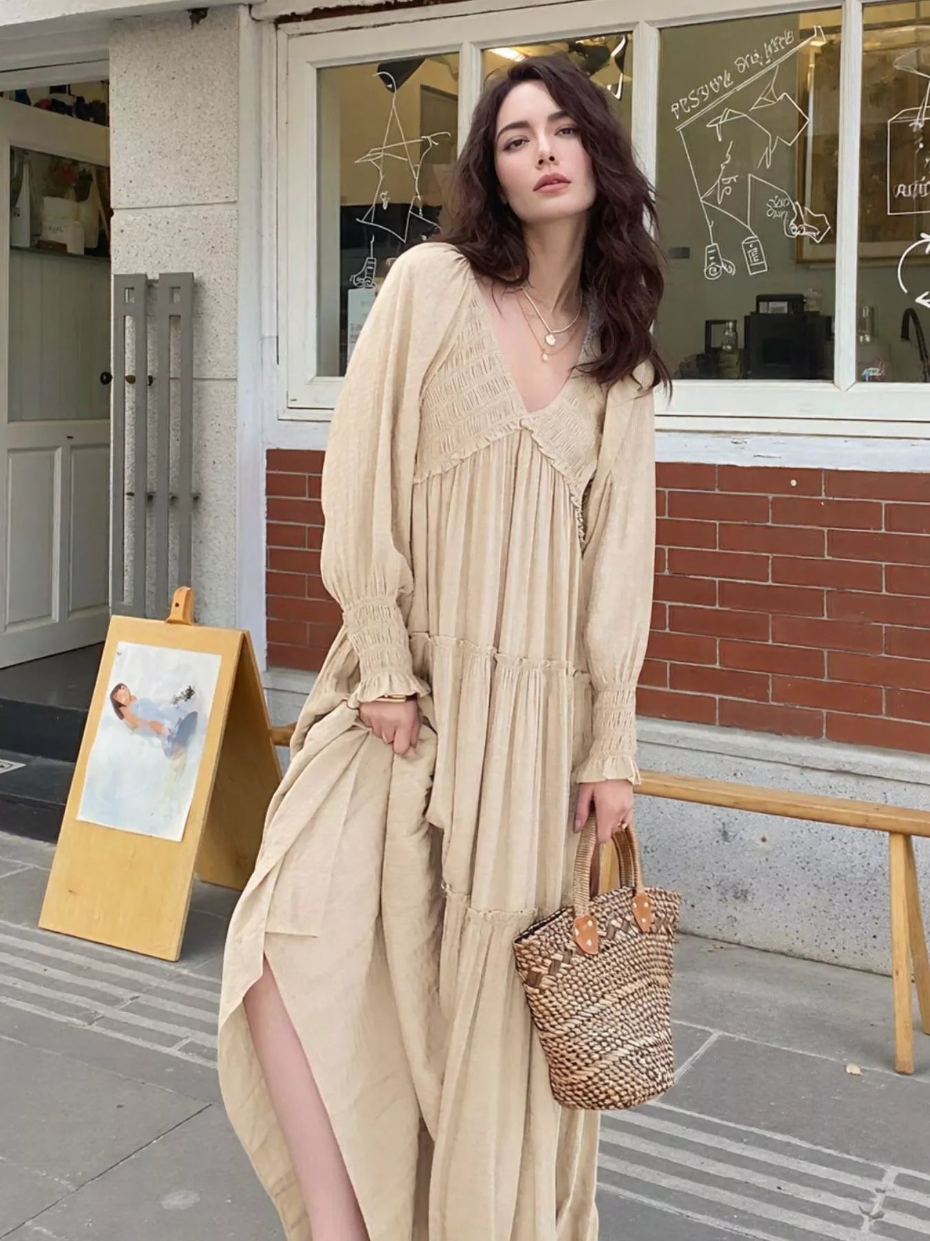 V-Neck Long Sleeve Tiered Maxi Dress