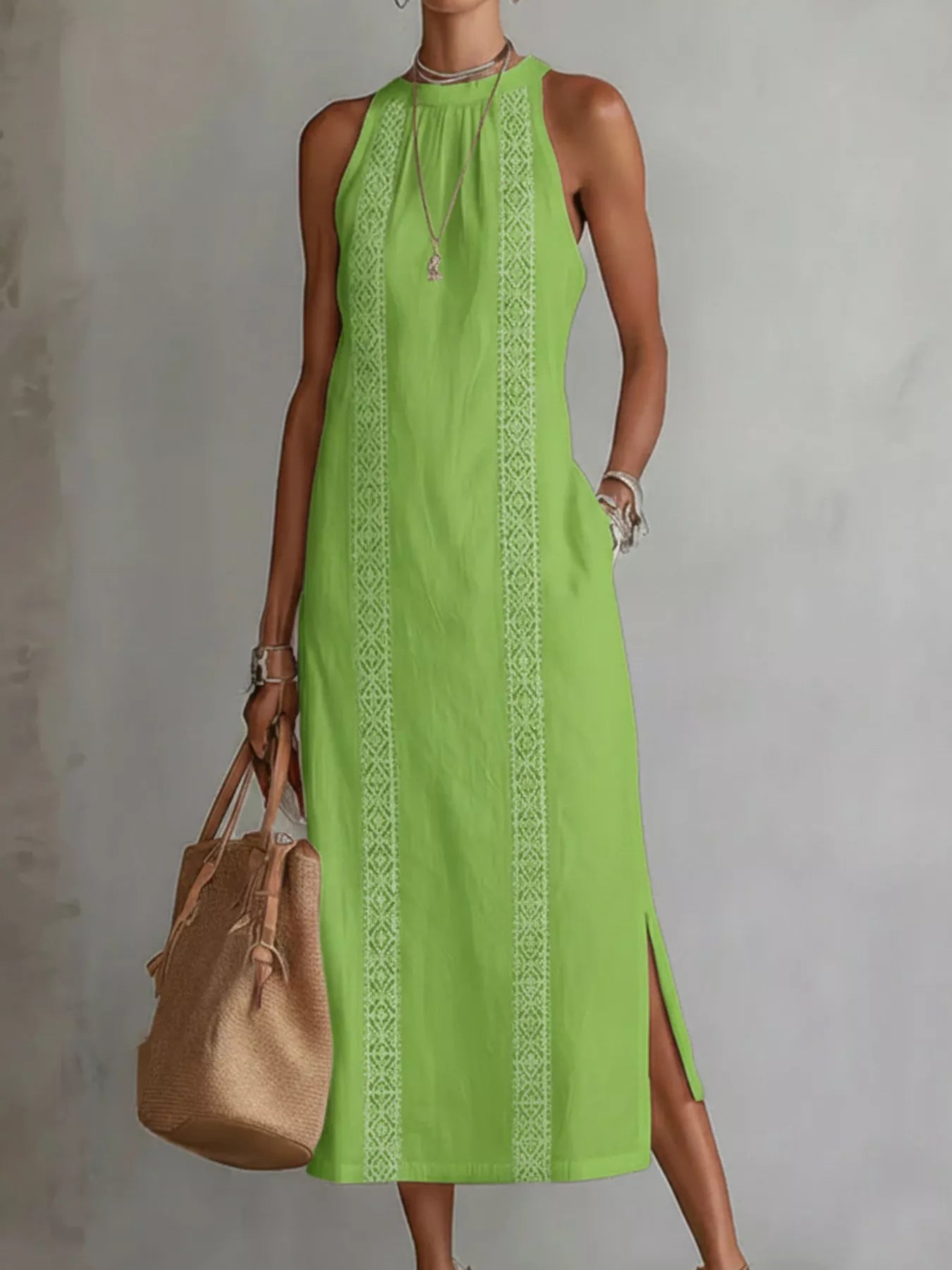 Full Size Sleeveless Lace Trim Midi Dress Plus Size