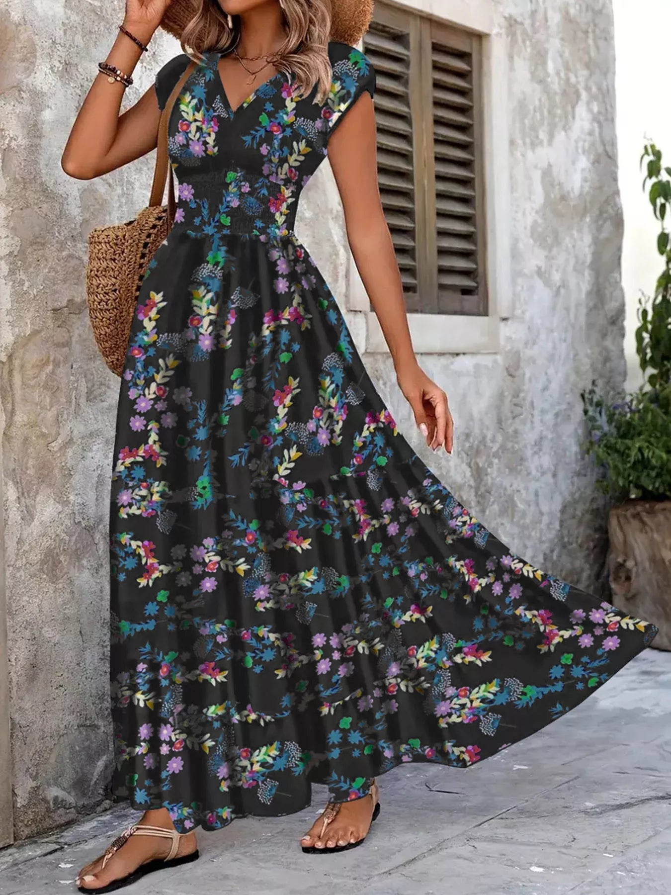 Printed V-Neck Cap Sleeve Maxi Dress