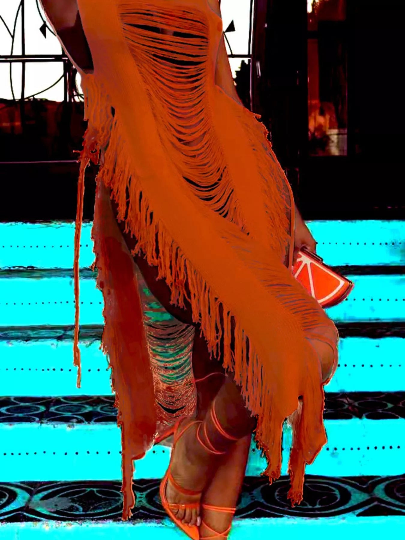 Fringe Split Square Neck Midi Dress