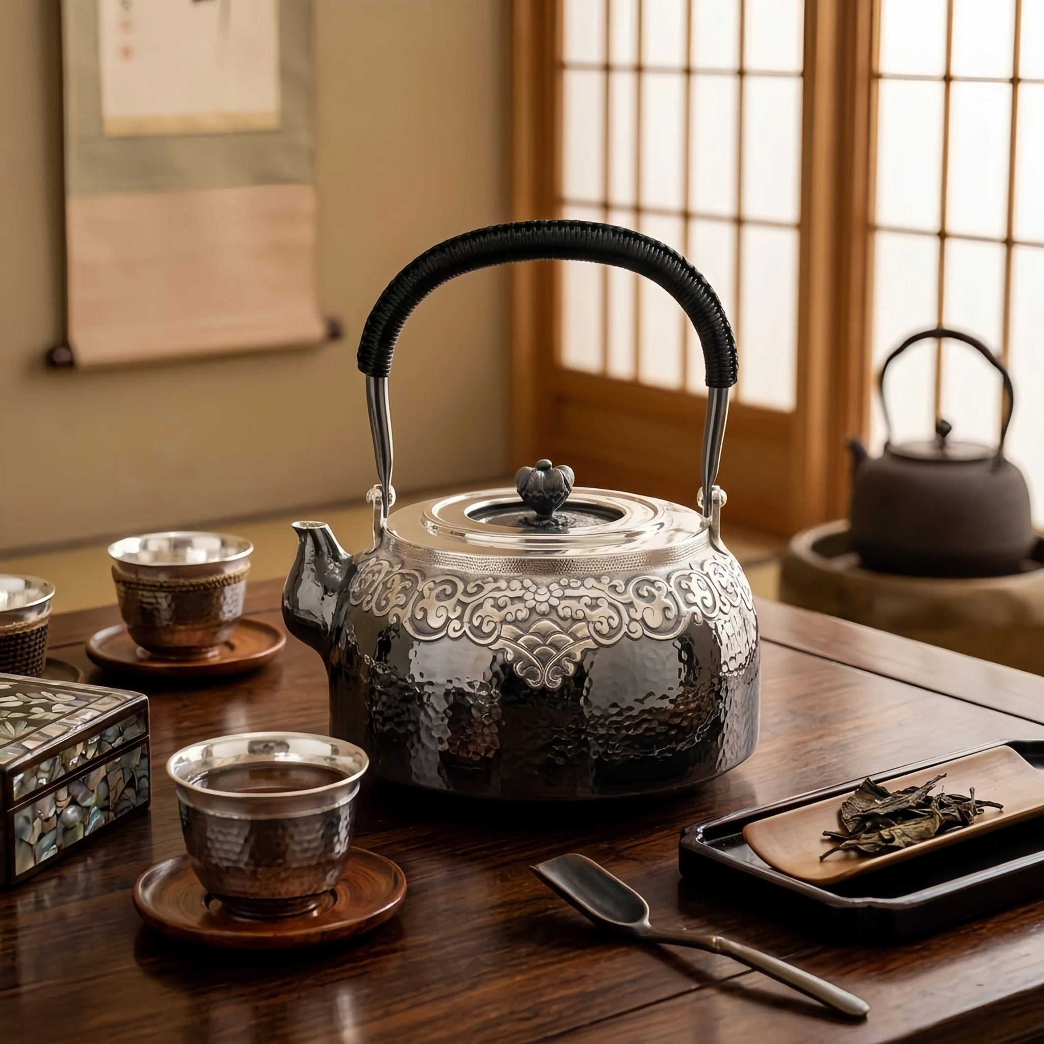 925 Sterling Silver Hand-Hammered Silver Teapot with Intricate Filigree Engraving and Wrapped Handle - Handicraft