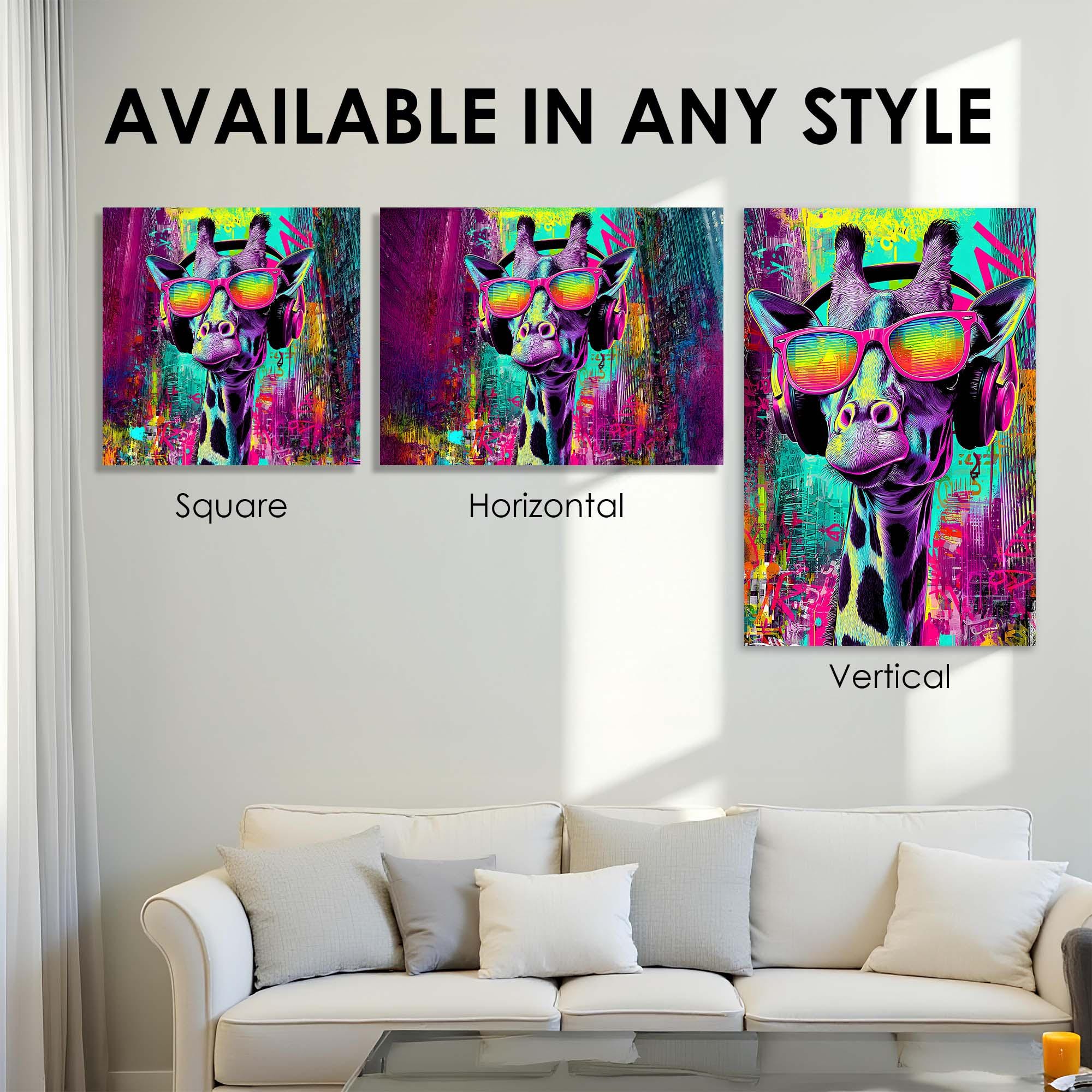 Urban Giraffe with Headphones Tempered Glass Wall Art | Colorful Graffiti Pop Wall Art | Modern Wall Decor